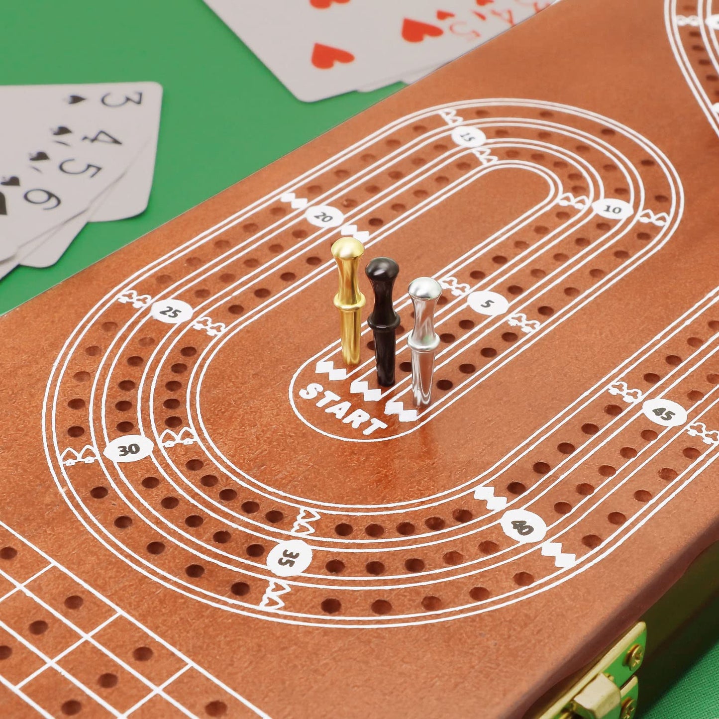 Cribbage Board 3 Tracks, Plusvivo Premium Solid Oak Crib Board with 9 Cribbage Pegs Metal & 2 Storage Area, 15.5" X 4.9" X 1.2" for Travel Foldable Cribbage Board Game…