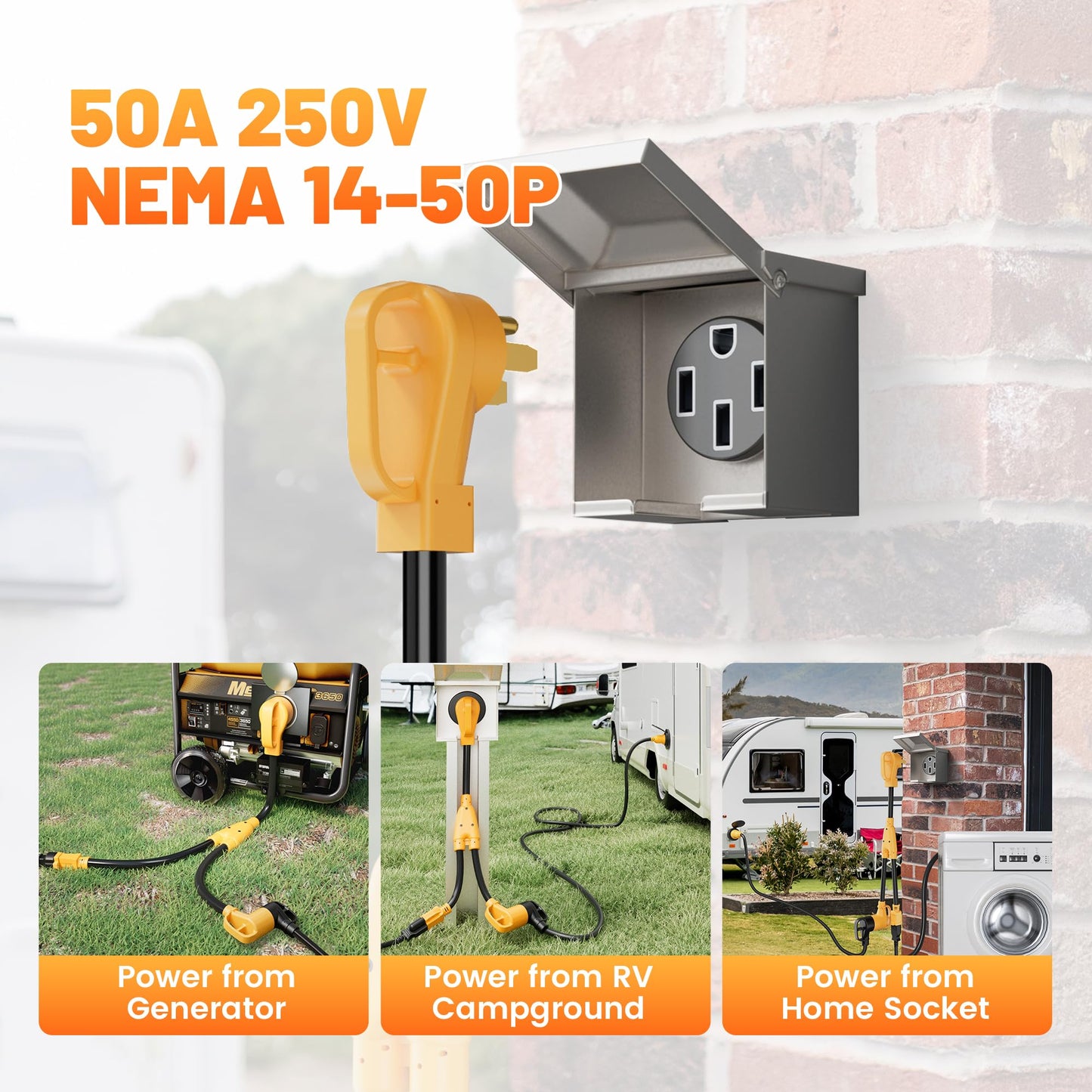 MECMO RV 50 Amp to 30 Amp and 15 Amp Y Splitter, NEMA 14-50P to TT-30R & 5-15R Y-Adapter 50 Amp Male to 30/15 Amp Female Power Cord 50A to 110V Household RV Distribution Adapter STW 10/3, 2 Feet