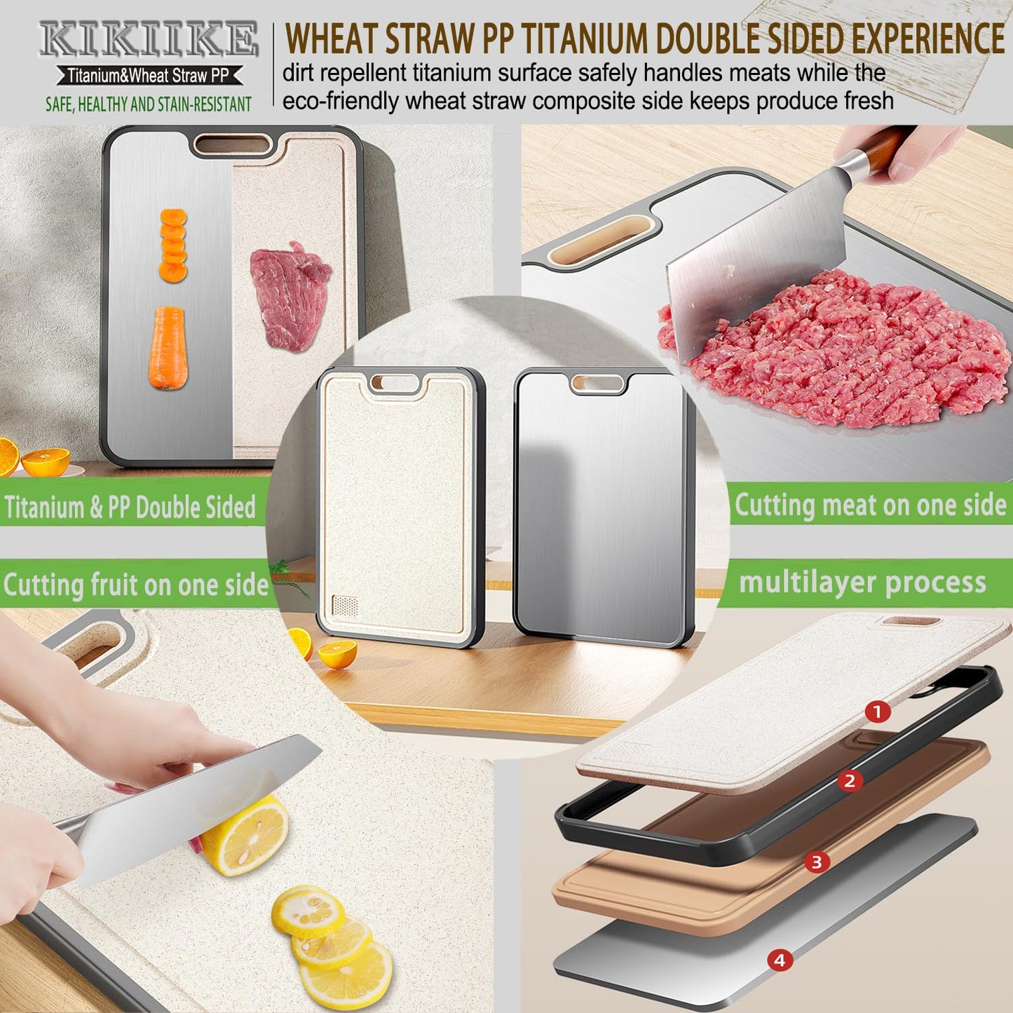 Titanium Cutting Board Double Sided Pure Titaniums Cutting Boards for Kitchen, Pure Titanium & Wheat Straw PP Food Grade Metal Cutting Board, Non-Slip Durable and Easy to Clean (Large)
