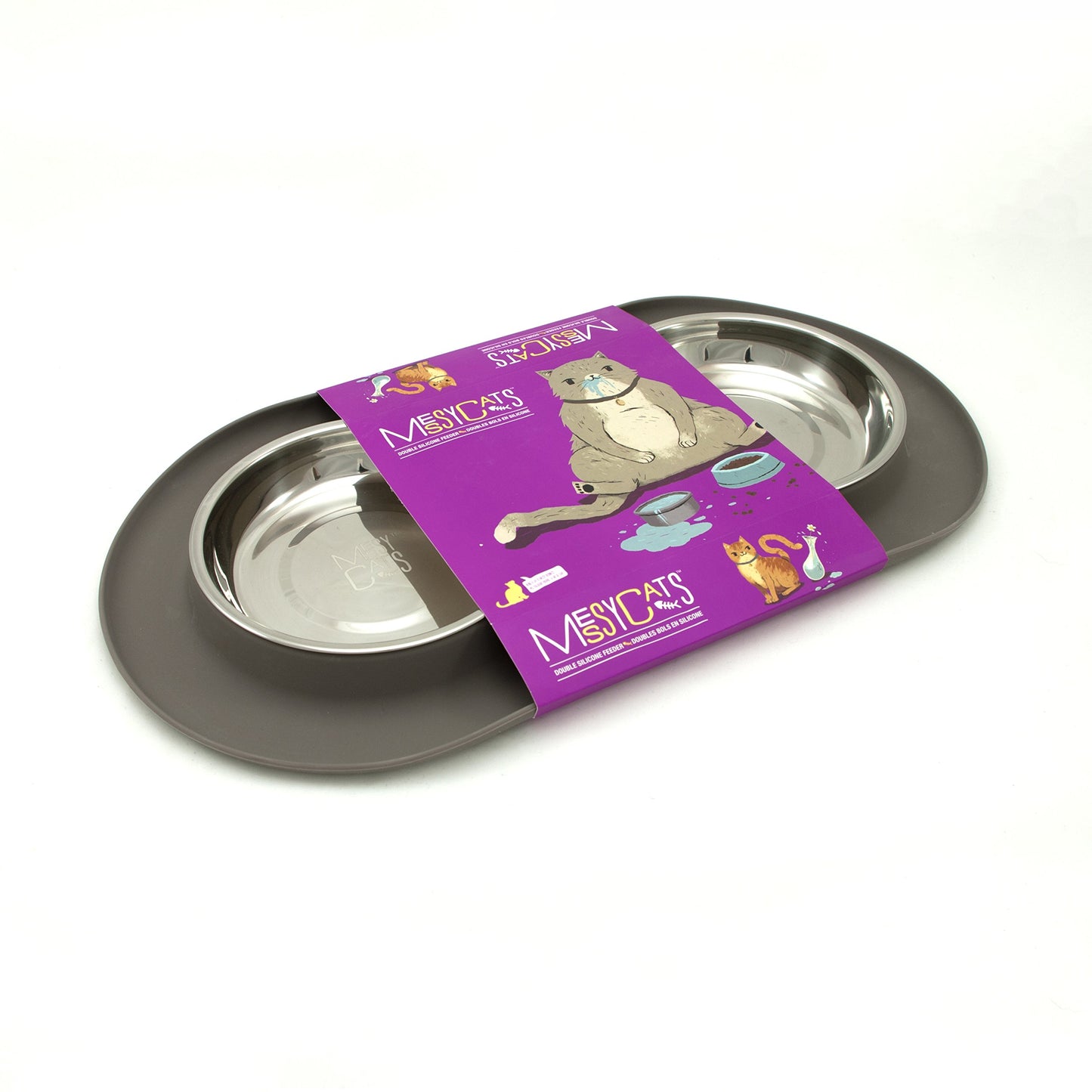 Messy Cats Double Silicone Feeder with Stainless Saucer Shaped Bowl | Anti-Slip Non-Skid Cat Food Bowls | Two Cat Bowls in Feeding/Water Station | 1.75 Cups per Bowl (Grey)