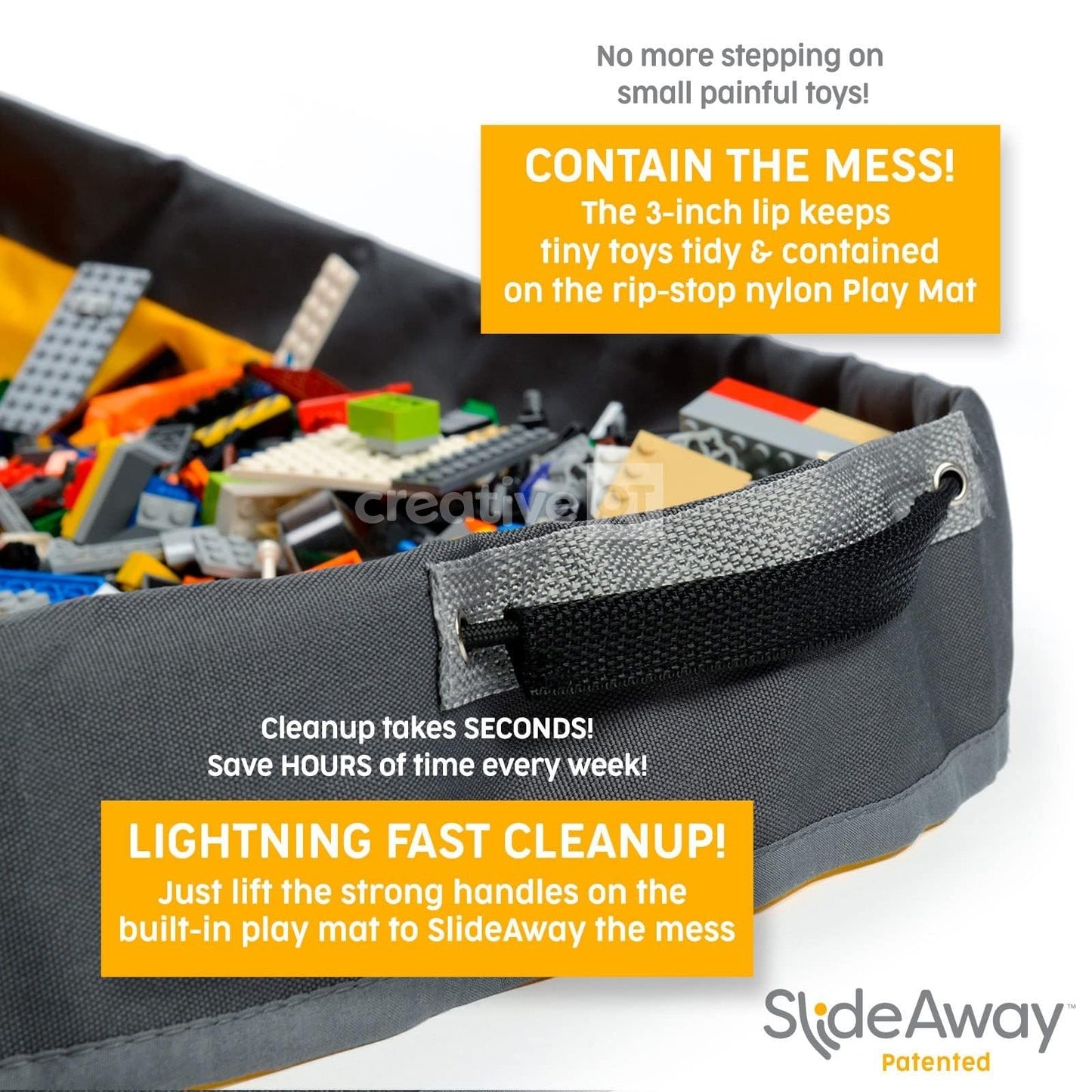 Creative QT - SlideAway Toy Storage Basket and Play Mat – Tidy with Ease, Organize Small Toys, Building Bricks, Action Figures – Large Drawstring Foldaway Play Surface - 12”x15” - Heather Beige