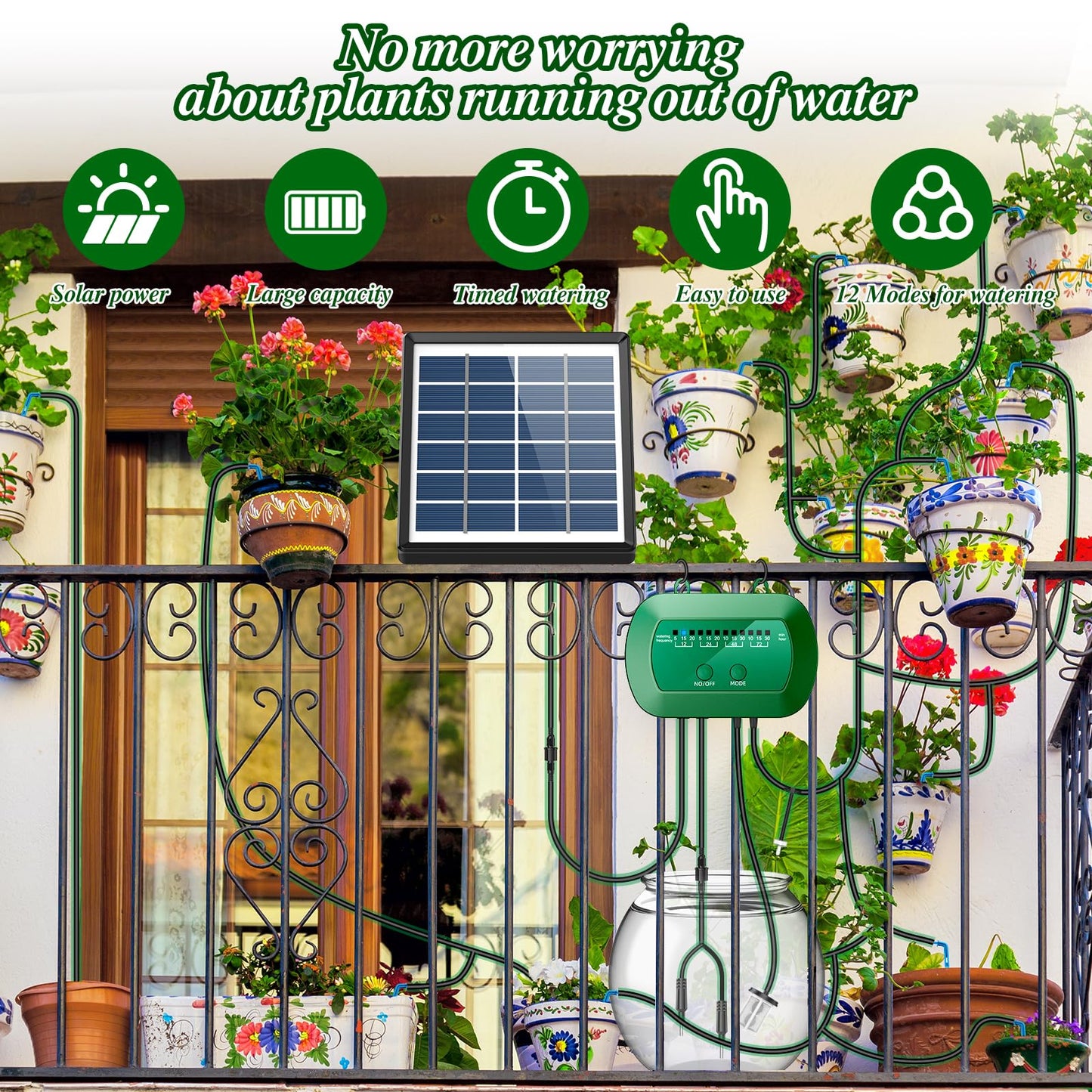 AnseTo Garden Drip Irrigation System, Solar Drip Irrigation System Kit with Automatic Water Timer, for Automatic Watering System for Potted Plants in Garden, Balcony, Greenhouse, Support 15 Plants