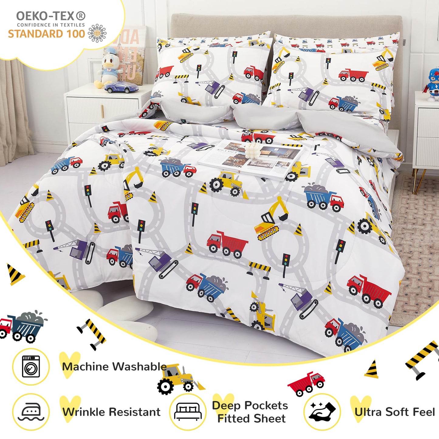 Viviland Kids Full Double Bedding Sets for Boys, Girls Soft Full Double Comforter Set with Sheets, 7 Pieces Microfiber Bed in a Bag, White Car Excavator