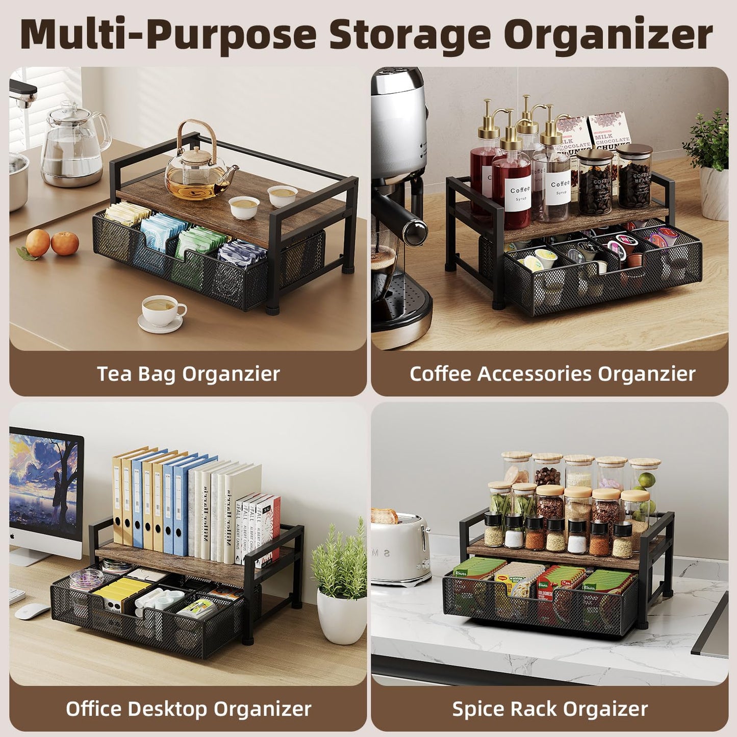 Metal Tea Bag Box Organizer Storage, Tea Bag Holder Organizer Caddy with Drawer,Tea Station Chest Container Accessories,Black (2 Tier)