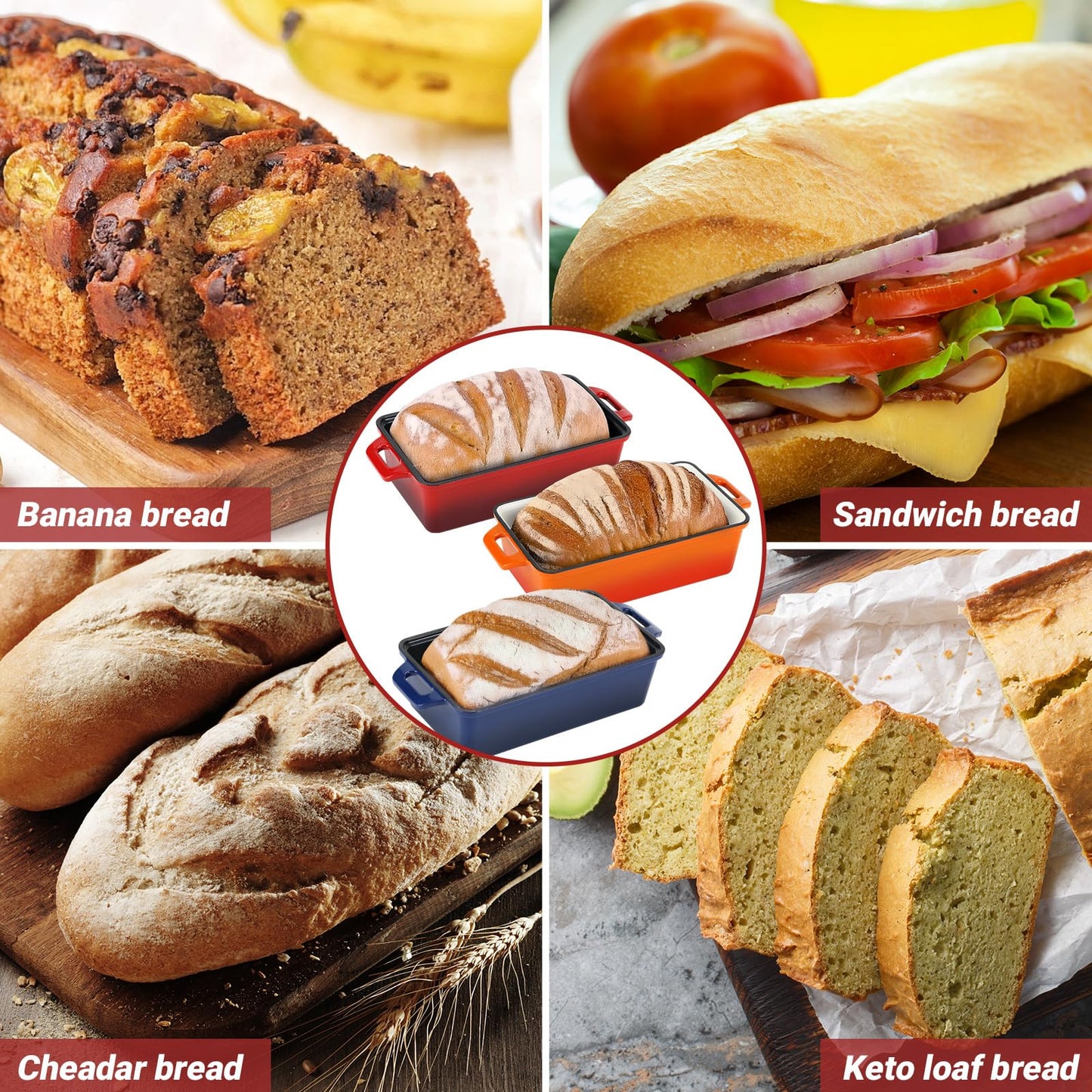 Northriver Casting 9x5 Inch Enameled Cast Iron Bread Loaf Pan with Lid, Perfect Sourdough Baking Pans | Even Heat Distribution for Homemade Bread, Cake, Meatloaf，2 Piece set，Red