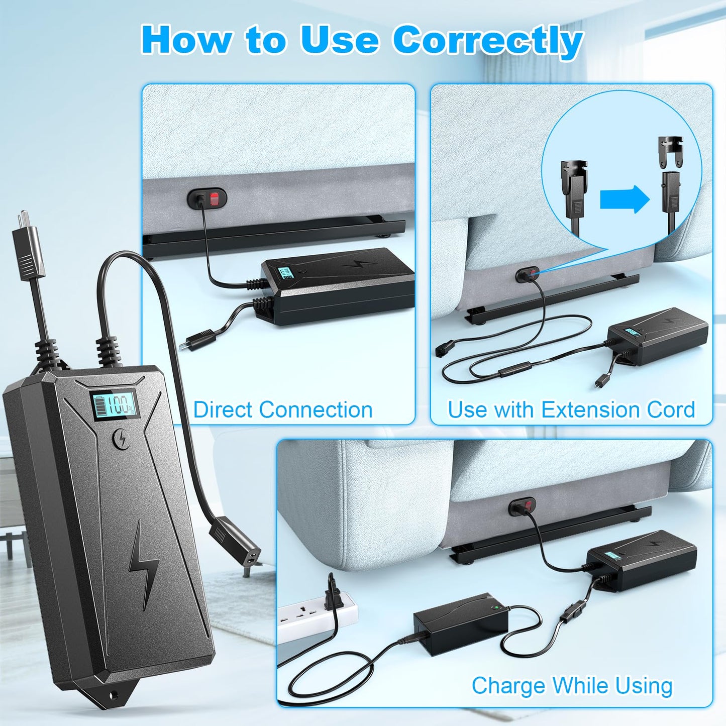 Battery Pack for Reclining Furniture,3000mAh Recliner Battery Packs Rechargeable 2 Pin, Universal Wireless Batteries for Reclining Furniture with Charger for Electric Recliner,Sofa,Couch,Lift Chair