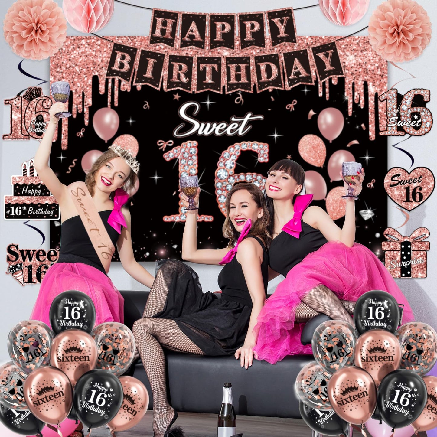 50PCS Sweet 16 Birthday Decorations for Girls, 16th Bady Crown and Sash Set, Rose Gold and Black Banner, Cake Topper, Balloons, Swirl, Pom Poms, Backdrop Decor, Happy Sixteen Party Supplies.