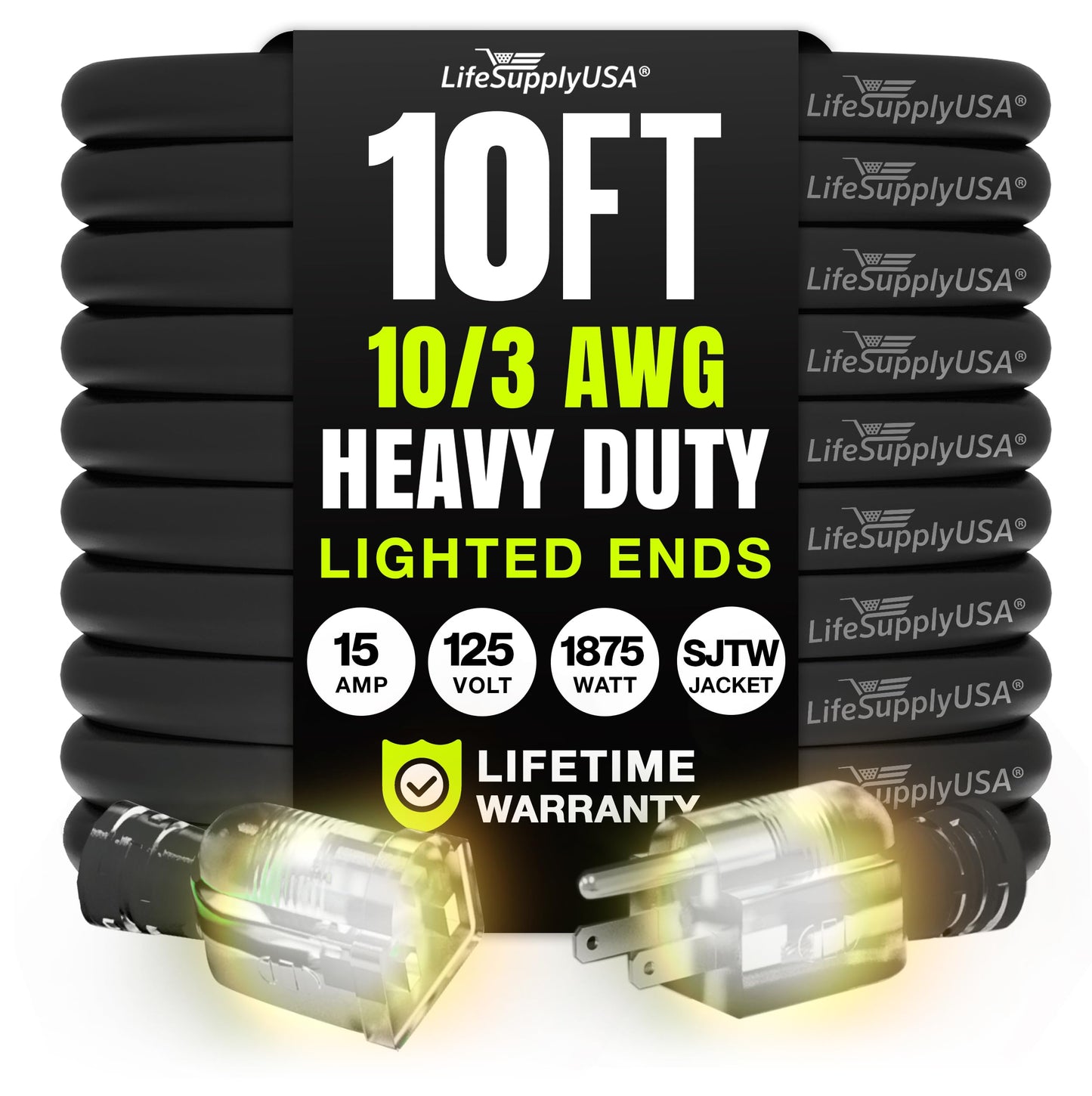 10ft Outdoor/Indoor Extension Cord 10/3 Gauge Ultra Heavy Duty 3 Prong SJTW, Waterproof, Flexible Cold-Resistant Long Power Cord,15A 125V 1875W, Black by LifeSupplyUSA