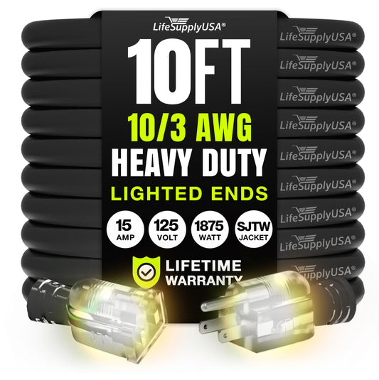 10ft Outdoor/Indoor Extension Cord 10/3 Gauge Ultra Heavy Duty 3 Prong SJTW, Waterproof, Flexible Cold-Resistant Long Power Cord,15A 125V 1875W, Black by LifeSupplyUSA