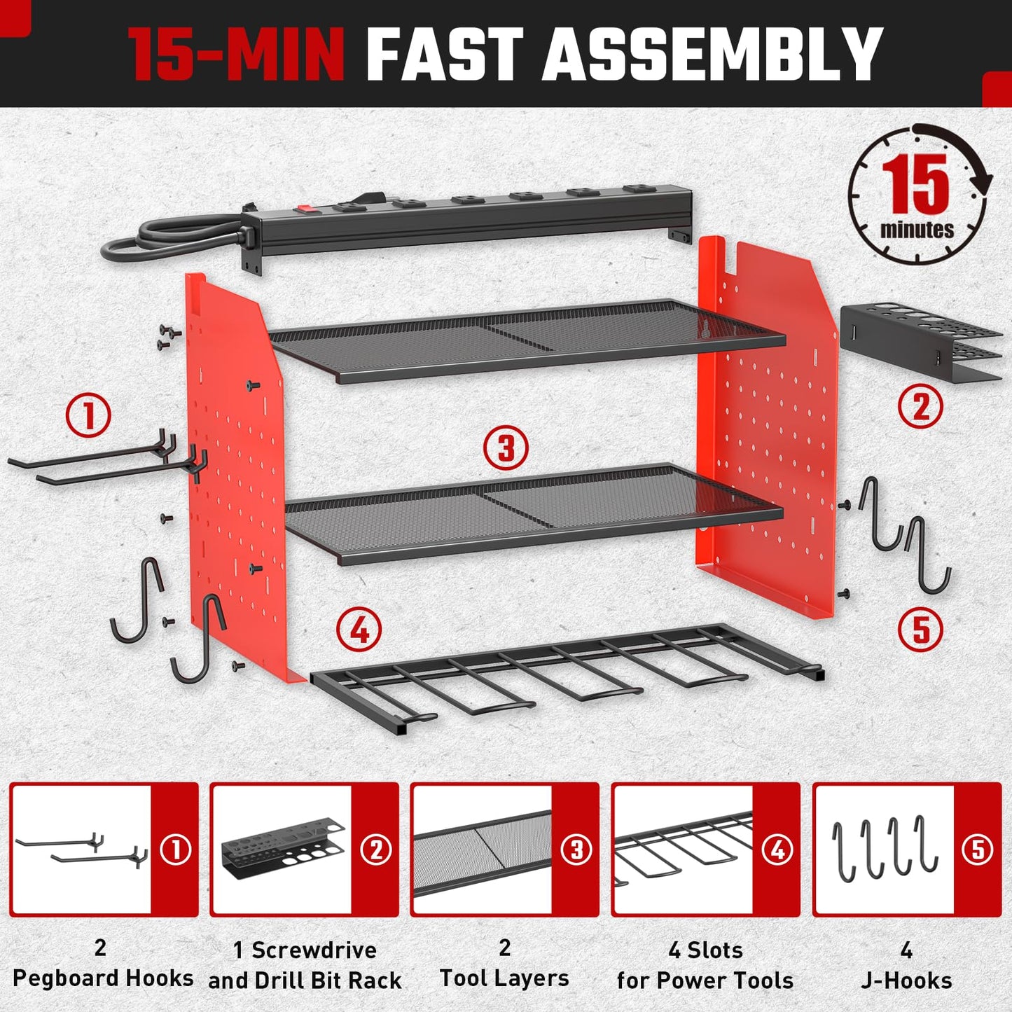 Power Tool Organizer with Charging Station, Heavy Duty 3 Layer Drill Holder Wall Mount Garage Shelf Rack with 6 Outlet Power Strip, Tool Shelf with Hooks, Drill Bit Rack for Garage, Red