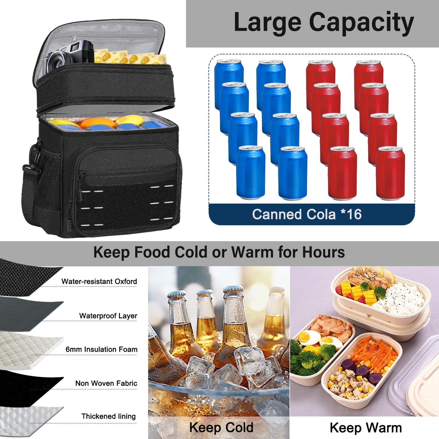 Expandable Large Lunch Box, Double Deck Insulated Lunch Cooler Bag Heavy Duty Leakproof Lunch Pail for Men Adults Work Office Outdoor Picnic Trips,16L,Black