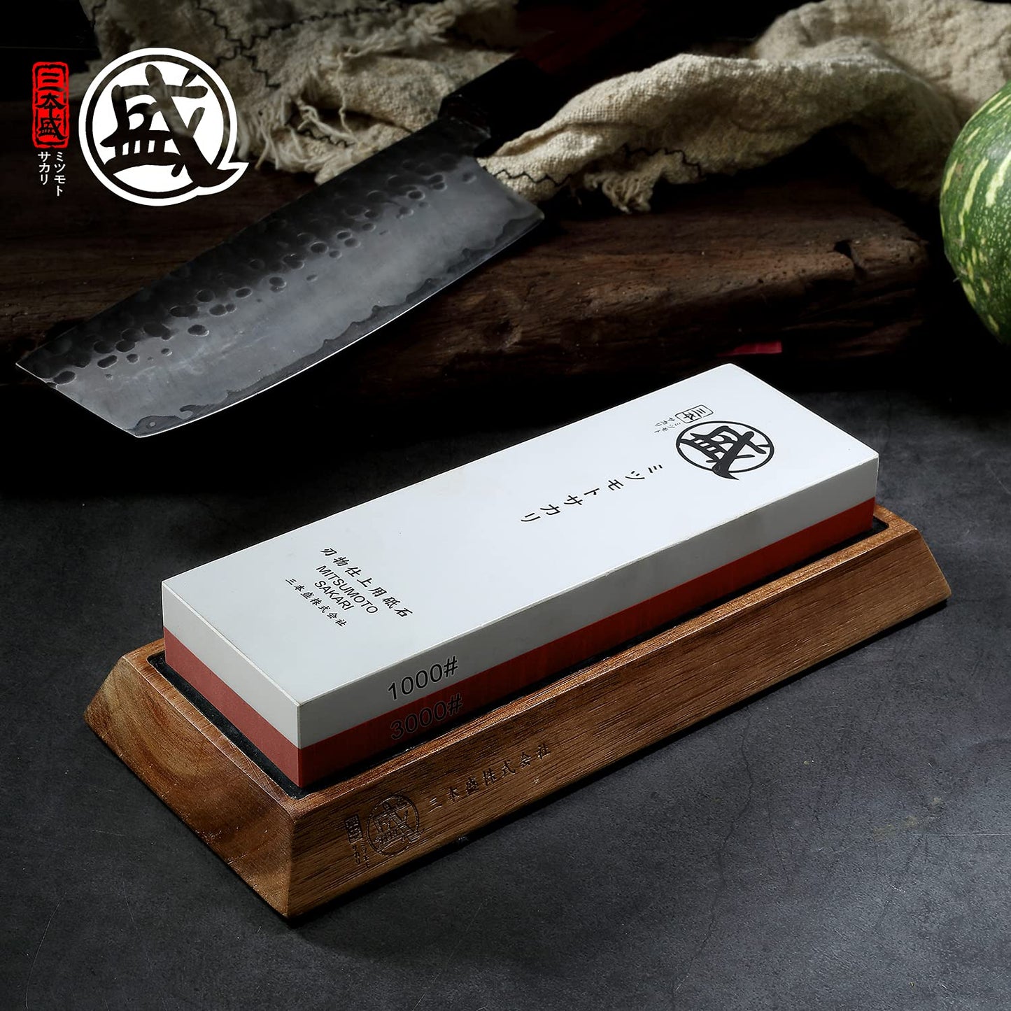 MITSUMOTO SAKARI Japanese Whetstone, Professional Kitchen 1000/3000 Grit 2-Side Sharpener, Knife Sharpening Stone with Non-Slip Wooden Base, Water Stone for Chef Knife, Santoku, Sushi Knife