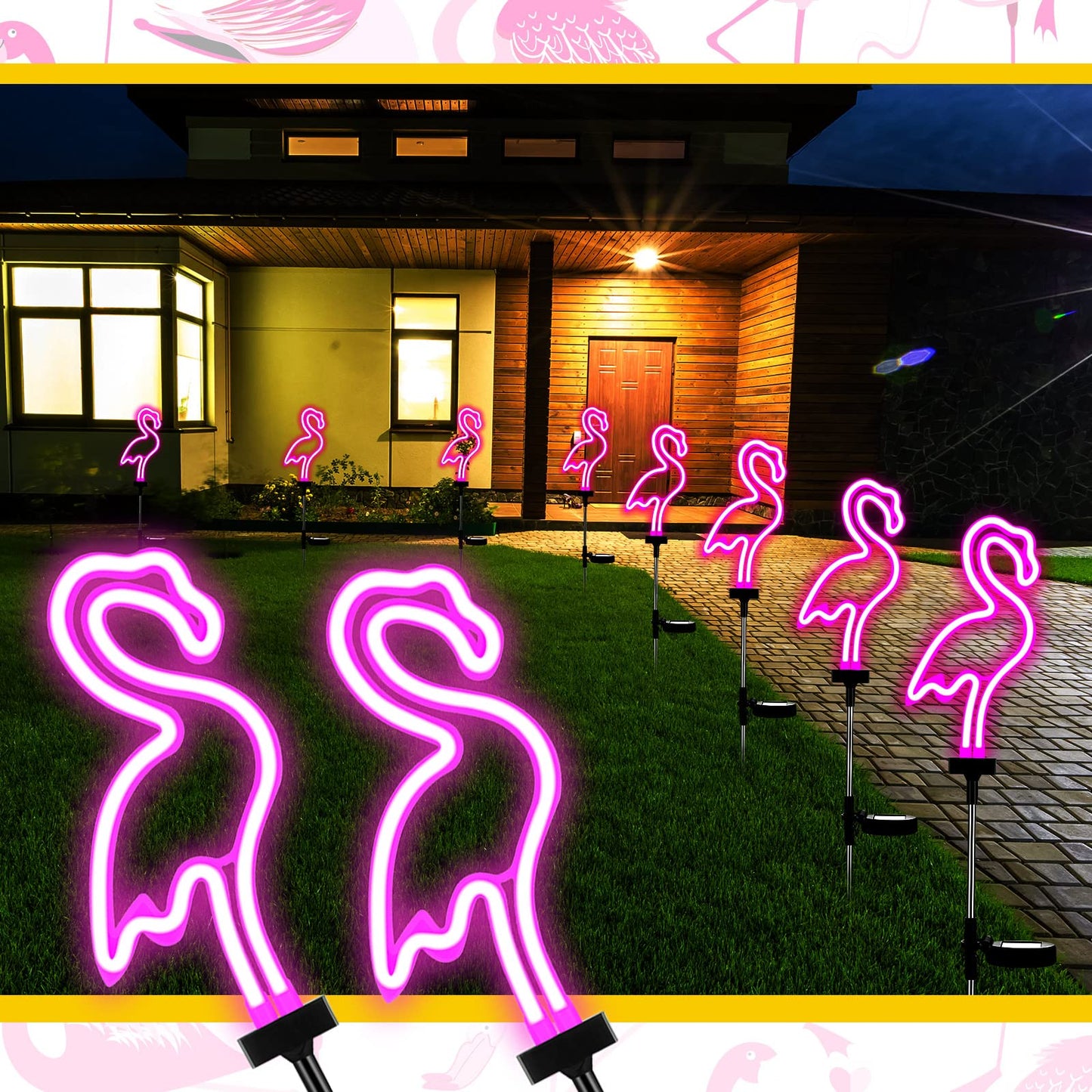 Flamingo Solar Lights Outdoor Neon Light Yard Pink Flamingo Waterproof Decorations for Garden Patio Yard Pathway Decoration(2 Pack)