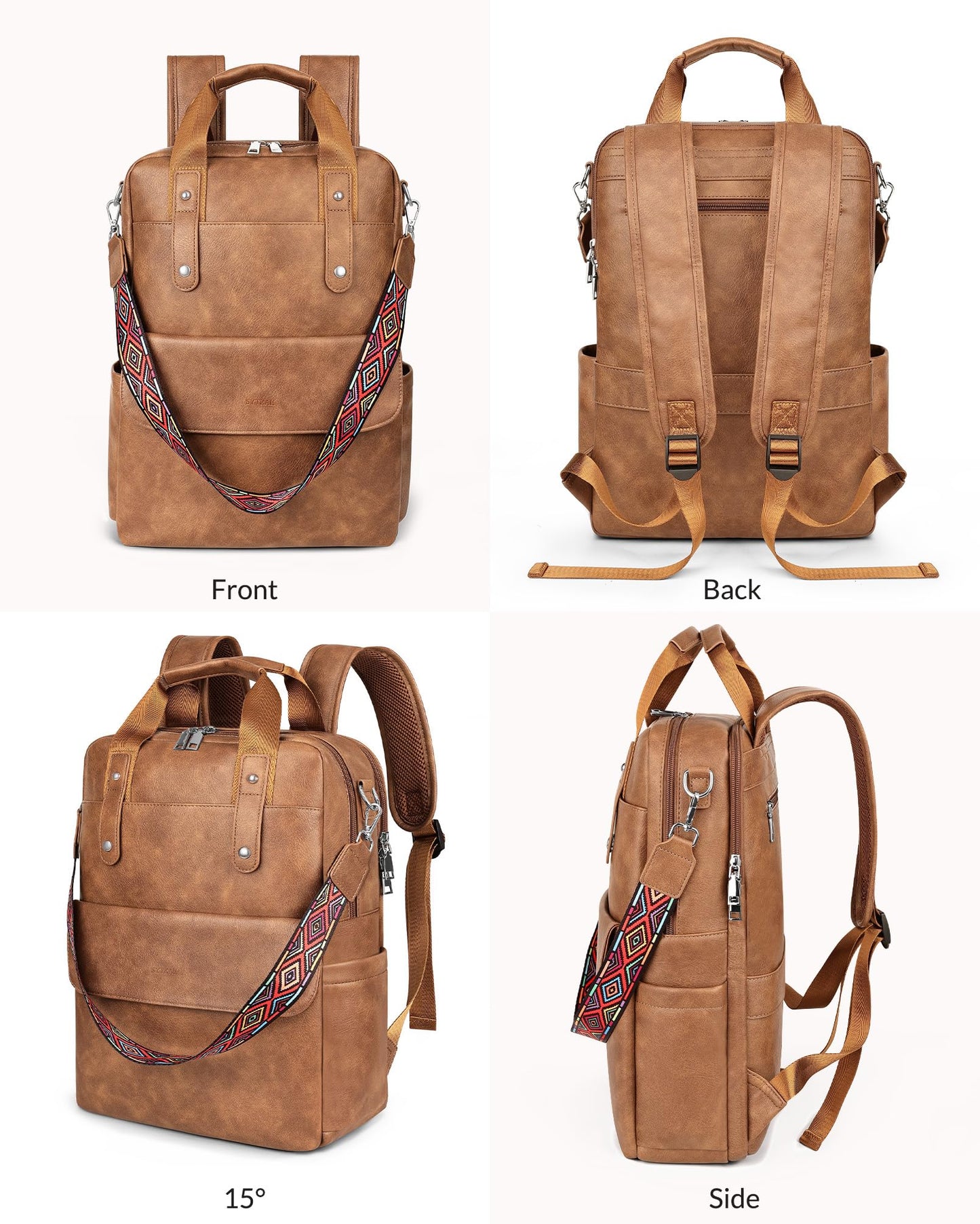 SYTRAH Leather Laptop Backpack 15.6 Inch Womens Laptop Bag, 3 IN 1 Computer Bag Handbag with Colorful Shoulder Bag Strap for Work Travel College Mocha Brown