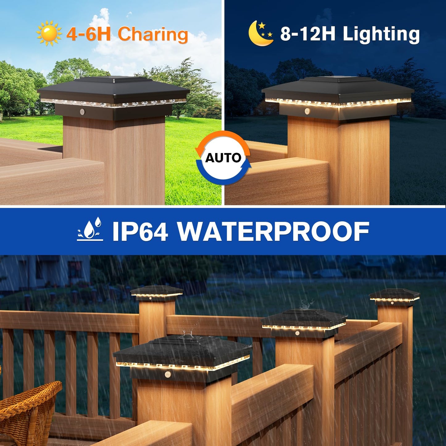 APONUO Solar Post Cap Lights,Fence Post Solar Lights,Warm White Solar Post Lights Outdoor Waterproof Garden Patio Yard Lights for Fence Deck 4x4,Auto On/Off,Easy to Instal,Black 6 Pack