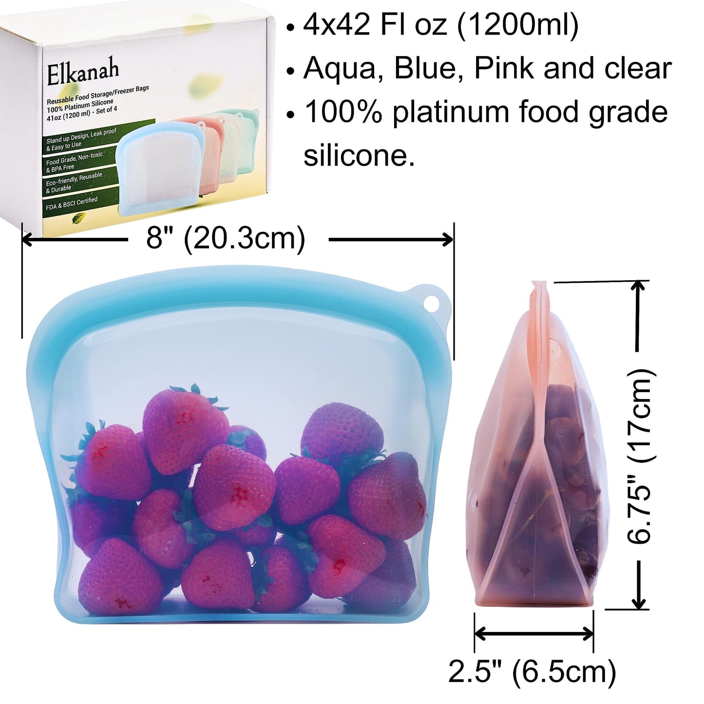 Elkanah 1200ml Reusable Silicone Freezer Bags Food Storage Bags Soup Bags Snack Bags | Platinum Silicone | Leak Proof Airtight Double Zipper | Oven, Microwave and Dishwasher Safe