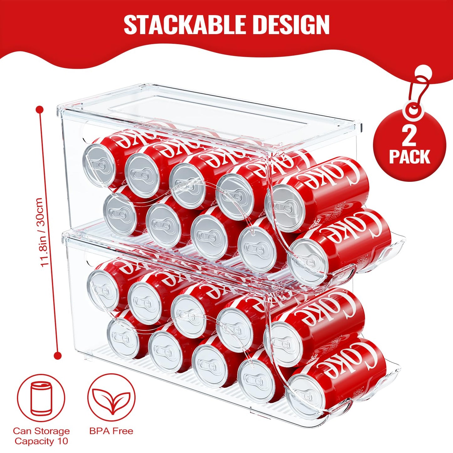 SCAVATA 2 Pack Stackable Refrigerator Organizer, Soda Can Dispenser Pop Cans Container Beverage Holder with Lid for Fridge, Freezer, Kitchen, Clear Plastic Storage Bins-Holds 10 Cans Each
