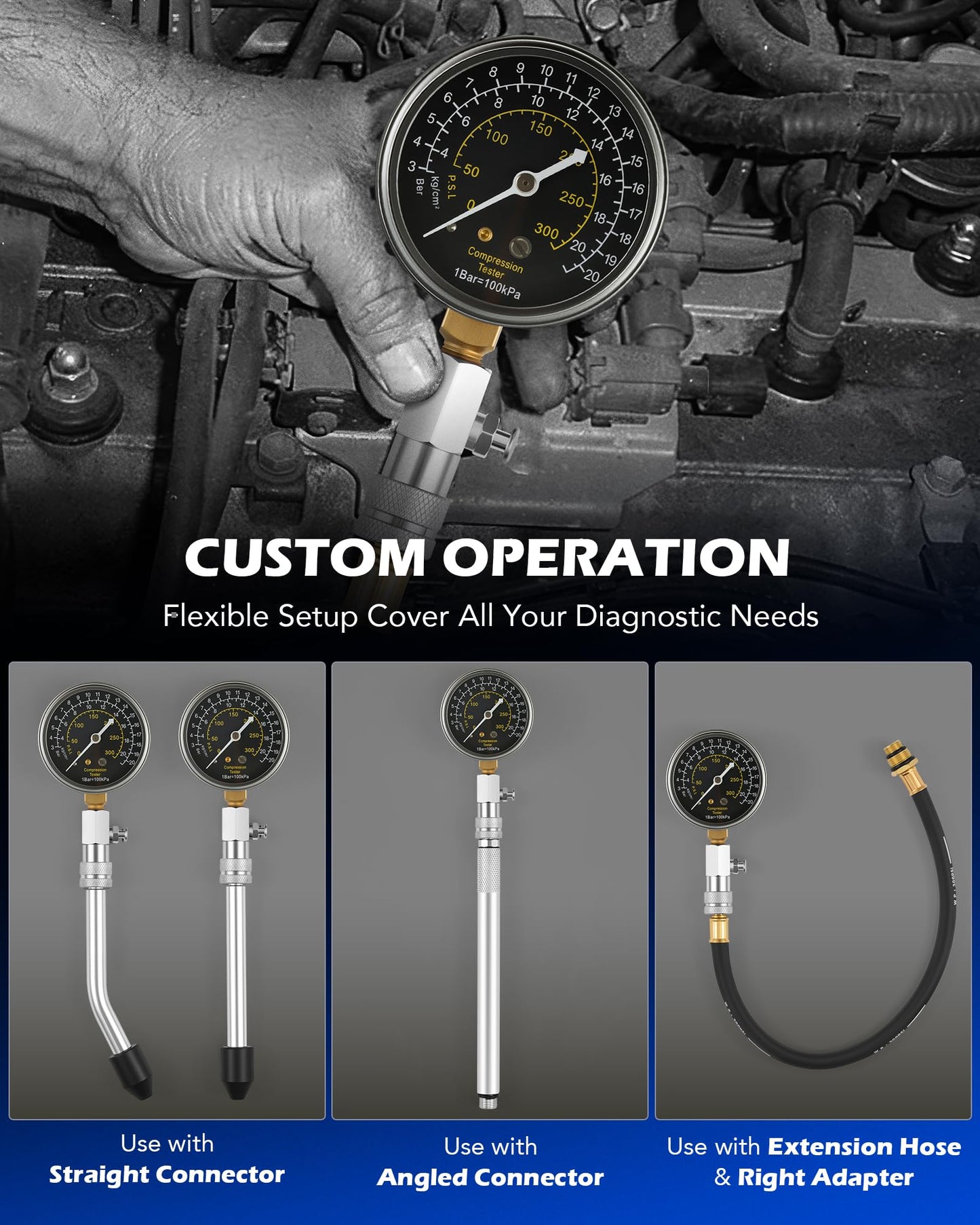 Orion Motor Tech Engine Compression Tester Kit, 11 pc Fuel Pressure Gauge Set with Spark Plug Tester for Mechanics, Cylinder Compression Tester for Gas Petrol Engines, Automotive Fuel Pressure Test