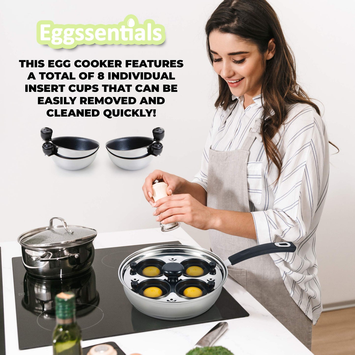 Egg Poacher Pan Nonstick Poached Egg Maker, Stainless Steel Egg Poaching Pan, Poached Eggs Cooker Food Grade Safe PFOA Free with Spatula