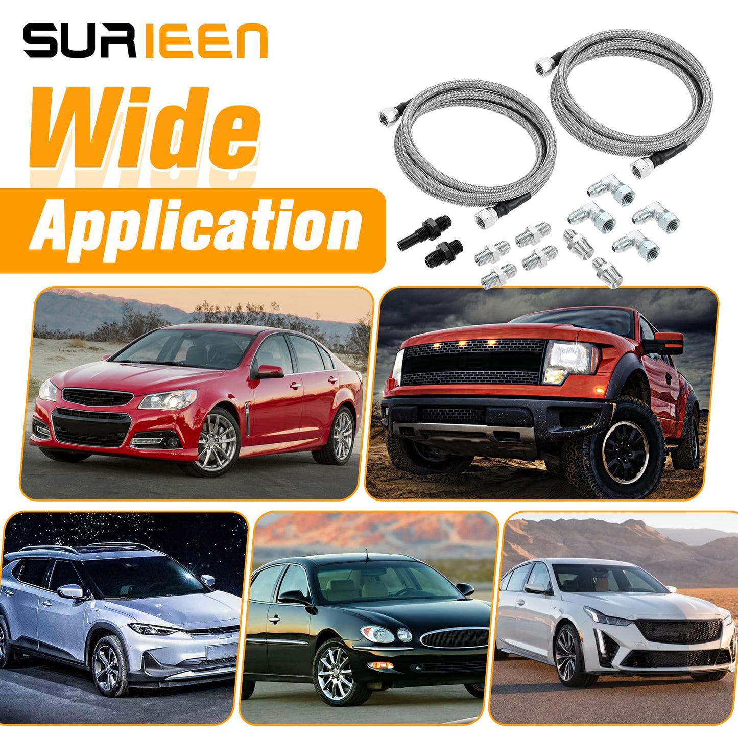 SURIEEN 6AN 70" Transmission Fluid Oil Cooler Hose Line Kit, SS Braided PTFE Transmission Lines Compatible with GM Chevy Ford Turbo 4L60E 4L65E 4L80E TR6060 AOD TH350 TH400 700R4 C5 C6, 2pcs