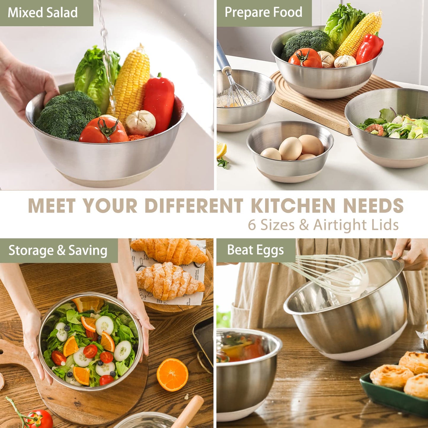 Umite Chef Mixing Bowls with Airtight Lids 6 Piece Stainless Steel Metal Nesting Storage Bowls, Non-Slip Bottoms Size 7, 3.5, 2.5, 2.0,1.5, 1QT, Great for Mixing & Serving (Khaki}