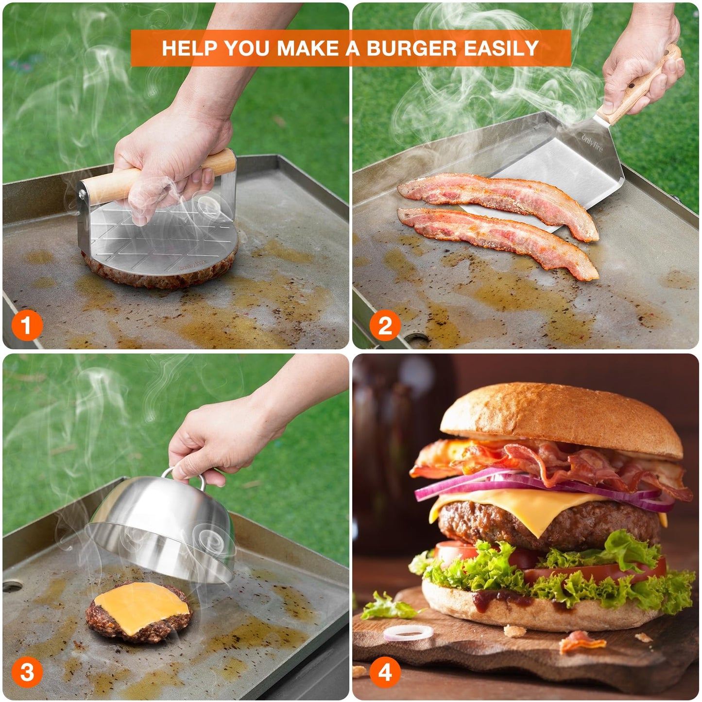 only fire Griddle Accessories Kit,Cheese Melting Dome & Burger Press Kit,6 Inch Basting Cover with Burger Smasher & Grill Spatula for Outdoor Griddle BBQ, Flat Top Teppanyaki Grilling & Steaming