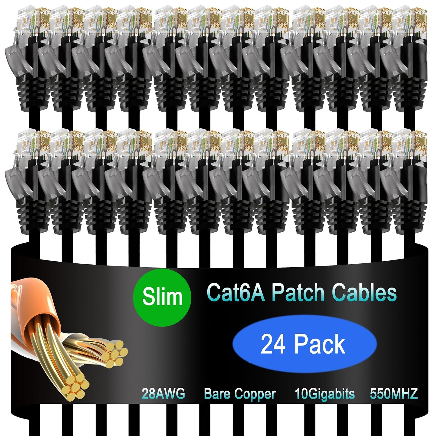Lysymixs Cat6a Slim Ethernet Patch Cable 10 ft (24 Pack), Cat6a Patch Cable for Data Centers, Cat 6 Patch Cable 10G, Network Patch Cables for Home and Enterprise Network -Black