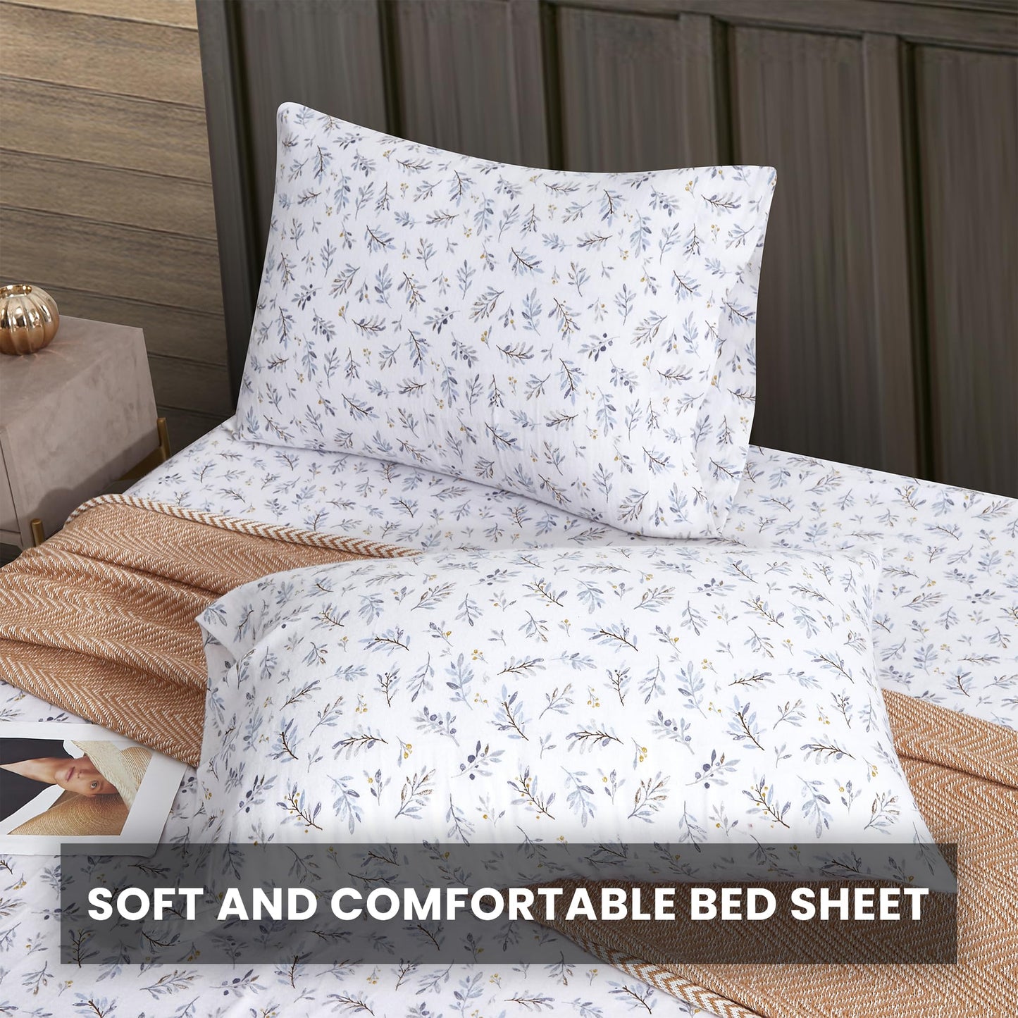 New Season - 100% Cotton Flannel Sheet Set Softly Brushed Cotton - Stylish Printed Bed Sheets - Warm, Breathable Bed Sheets Set (Leaf & Berry White, Queen)