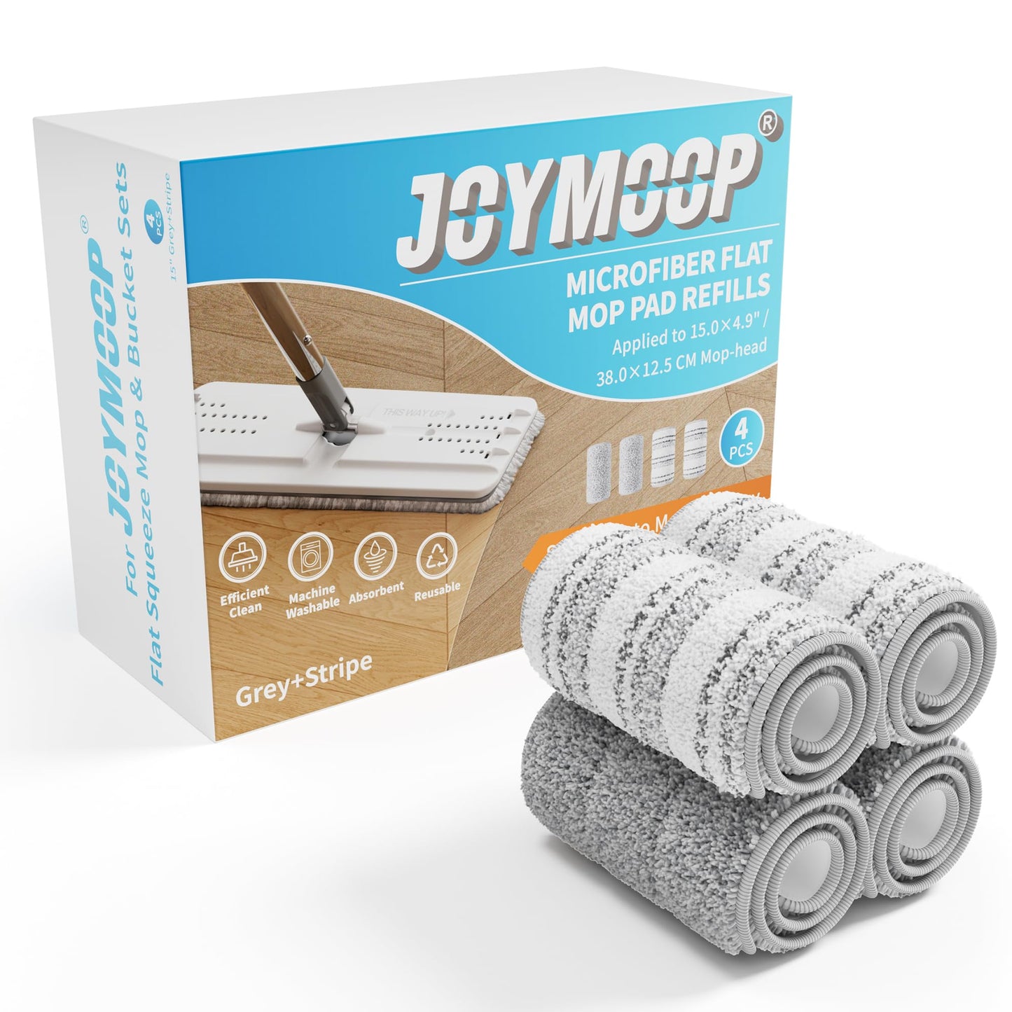 JOYMOOP Flat Mop Pads, Microfiber Mop Cleaning Pads, Washable Pads, Pads Replacement for Flat Mop or Mop Bucket Set, Pack of 4 Refills 15inch - Grey and Stripe