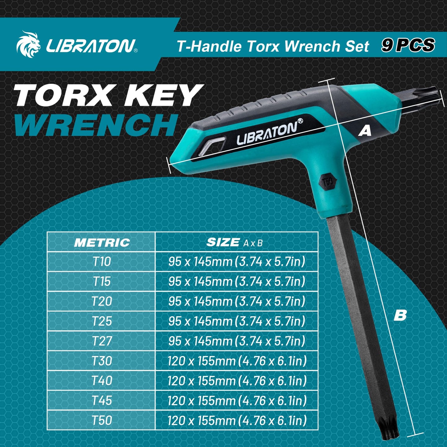 LIBRATON 9PCS T Handle Torx Wrench Set, T10-T50, T-Handle, Two-tip Design, Suitable for Torx Screws, Auto Bike Repair Tool, with Storage Rack