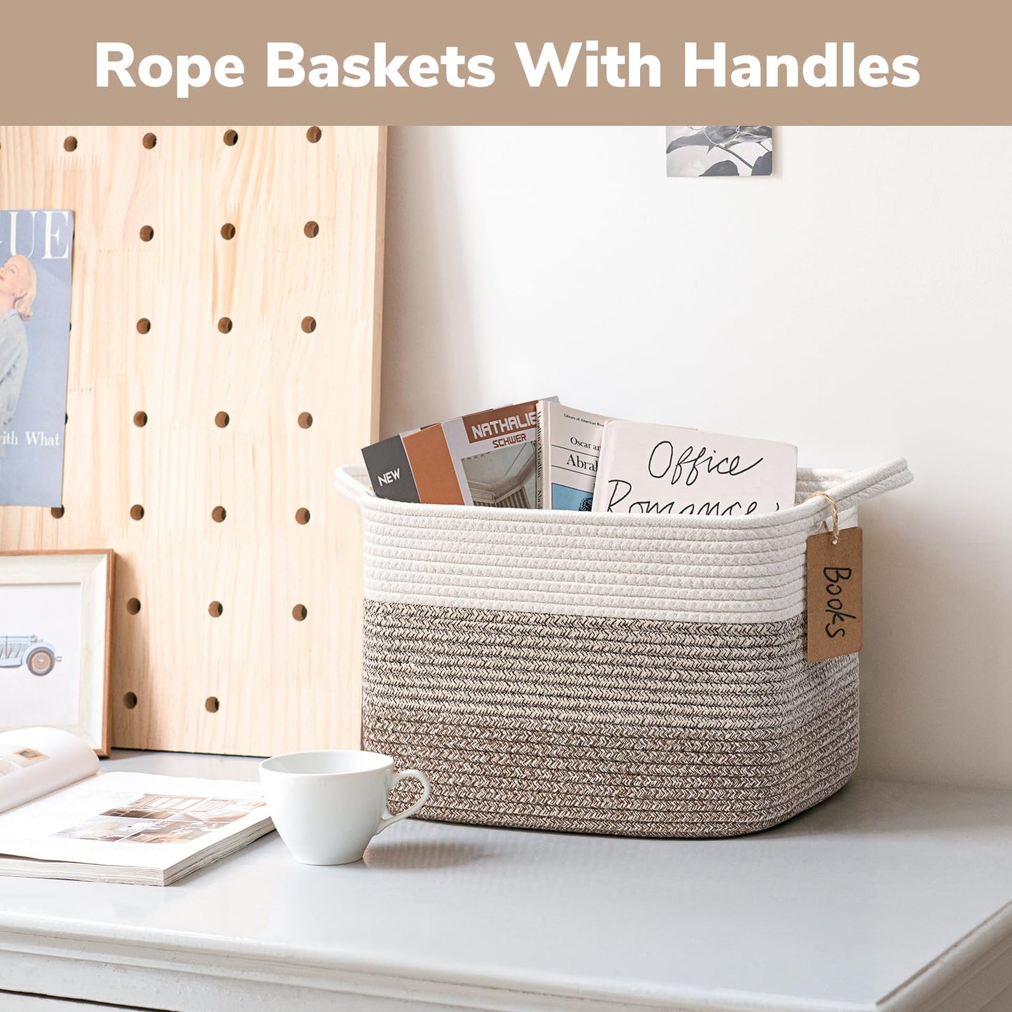 Goodpick Organizing Baskets, 13 x 10 x 9 Inches, Woven Storage Baskets for Shelves, Baby Gift Basket for Nursery, Small Decorative Laundry Basket 3 Pack, panier rangement, White & Brown
