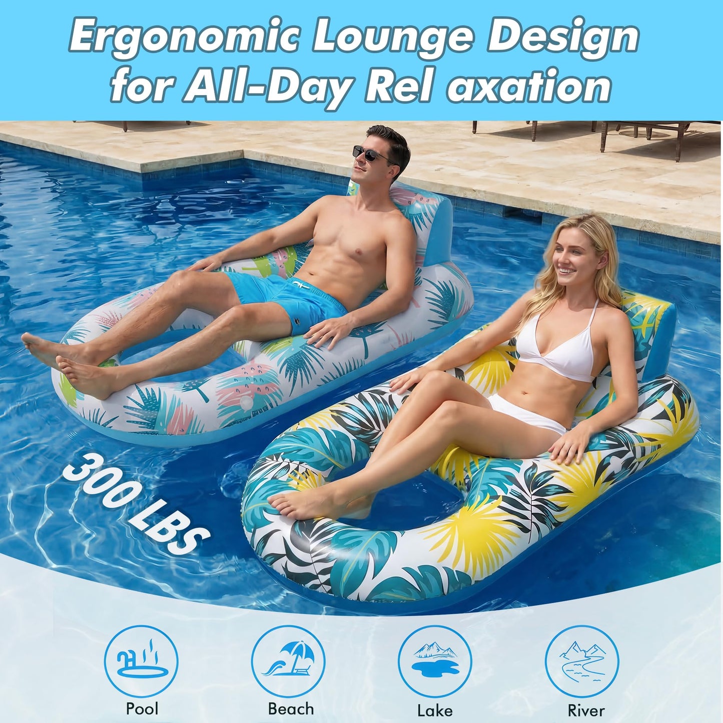 cngg v Pool Floaties for Adults,Inflatable Float Heavy Duty, Backrest & Footrest Pool Float Pool Rafts for Adults Beach Lake Party 2 Pack