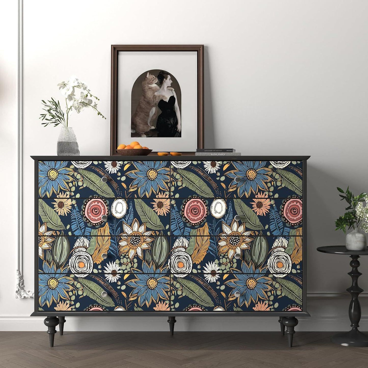 Boho Wallpaper Peel and Stick,Vintage Floral Contact Paper 17.5" x 118", Retro Botanical Flower Wall Paper Self Adhesive Removable Waterproof for Walls Shelves Cabinet Table (Blue,Yellow, Green)