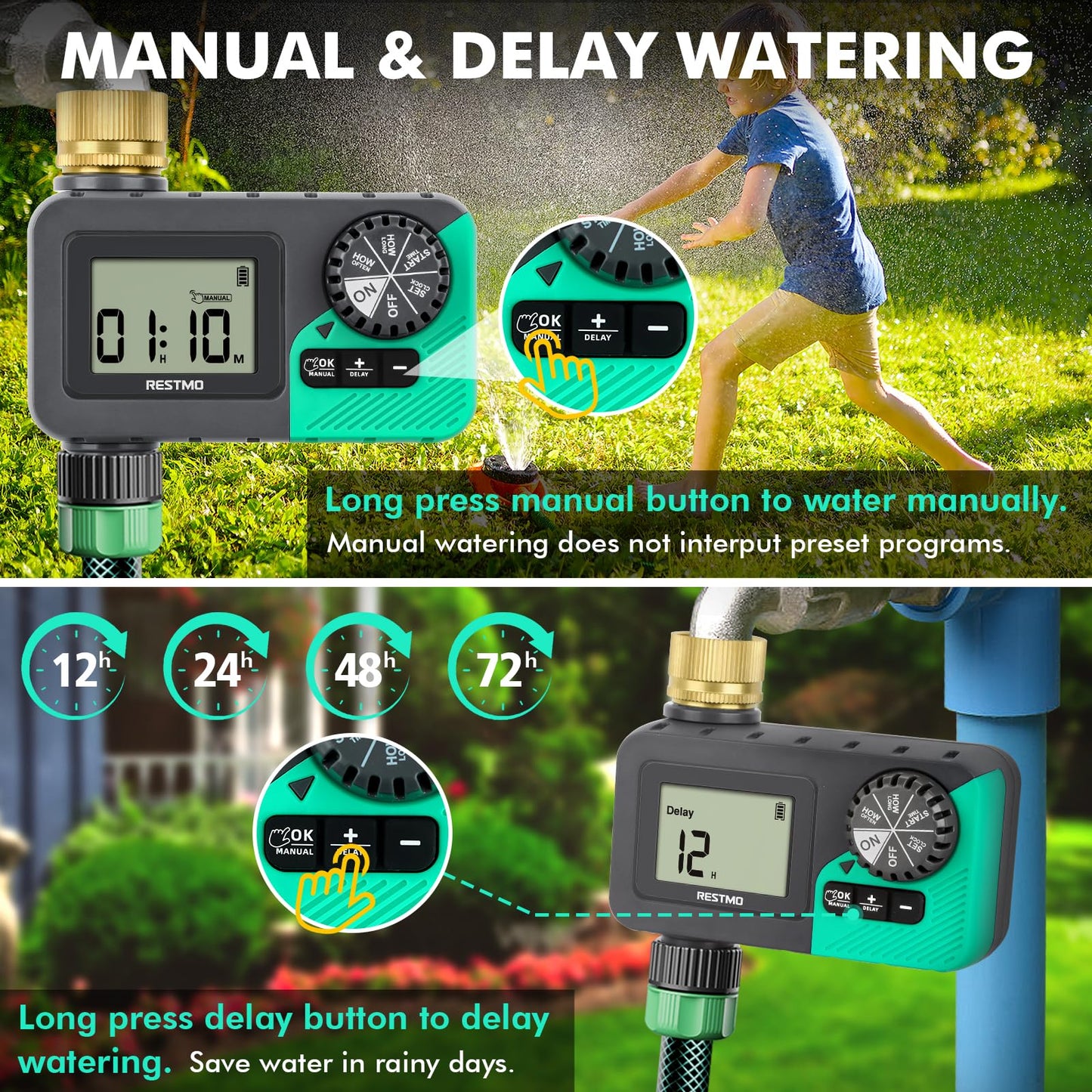 RESTMO Water Timer for Garden Hose, Programmable Sprinkler Timer with Brass Inlet, Rain Delay/Manual ON/Off/Automatic Irrigation Control, Hose Timer for Outdoor Faucet, Yard and Lawn Watering System