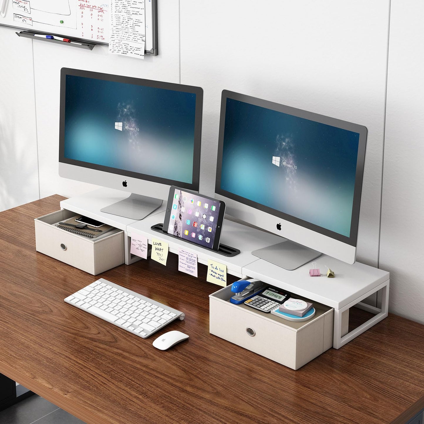 Mexin Dual Monitor Stand Riser with 2 Drawers, 39 Inch Extra Long Wood Desk Organizer, Desktop Riser for Laptop, Printer, Computer, TV, Perfect for Home Office, White