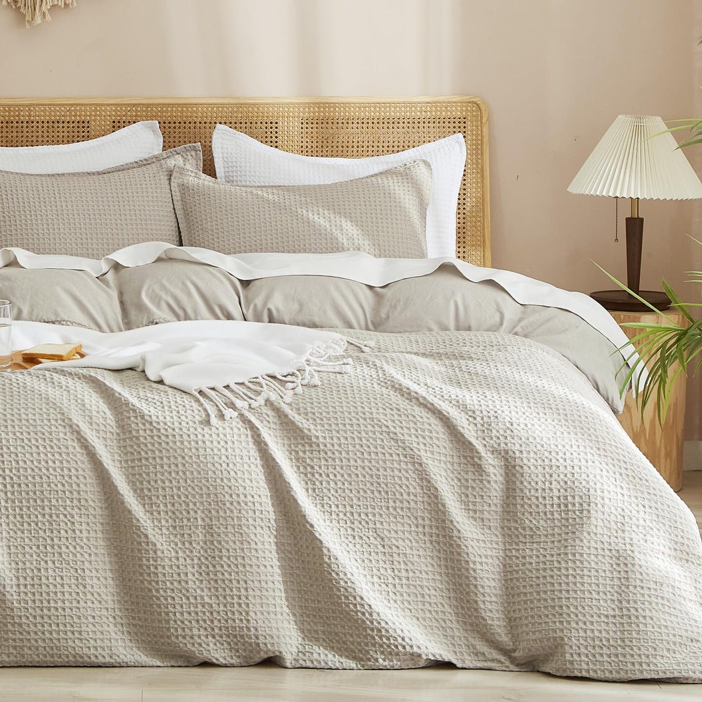 PHF Waffle Weave Duvet Cover Set King Size, No Snagging Ultra Soft Luxury Textured Comforter Cover for All Season 3pcs, Durable Bedding Duvet Set with 2 Pillow Shams, 104"x90", Linen