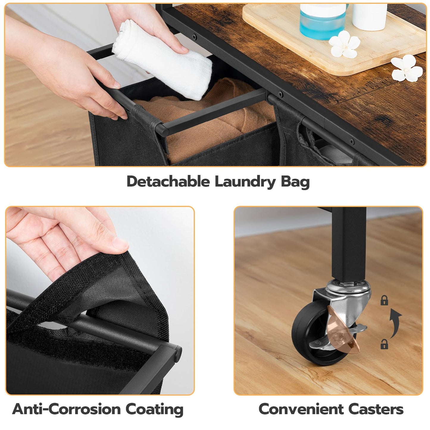 HOOBRO Laundry Sorter 3 Section, Laundry Hamper with Wheels, 3 × 11.5 Gal (43.5L), Rolling Laundry Basket, 3 Pull-Out and Removable Oxford Fabric Laundry Bags, Rustic Brown and Black BF76XY01