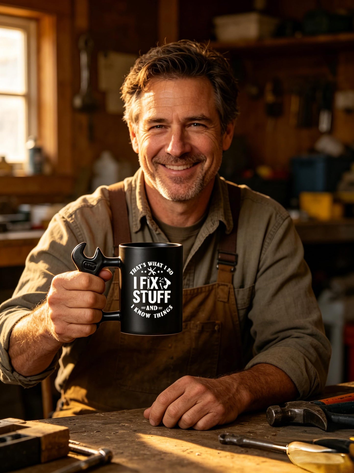 LOZACHE Funny Dad Coffee Mug with Wrench Handle – “that’s What I Do, I Fix Stuff and I Know” Mug for Men, Unique Father’s Day Birthday Graduation Gift for Him Dad Grandpa Husband Mechanic
