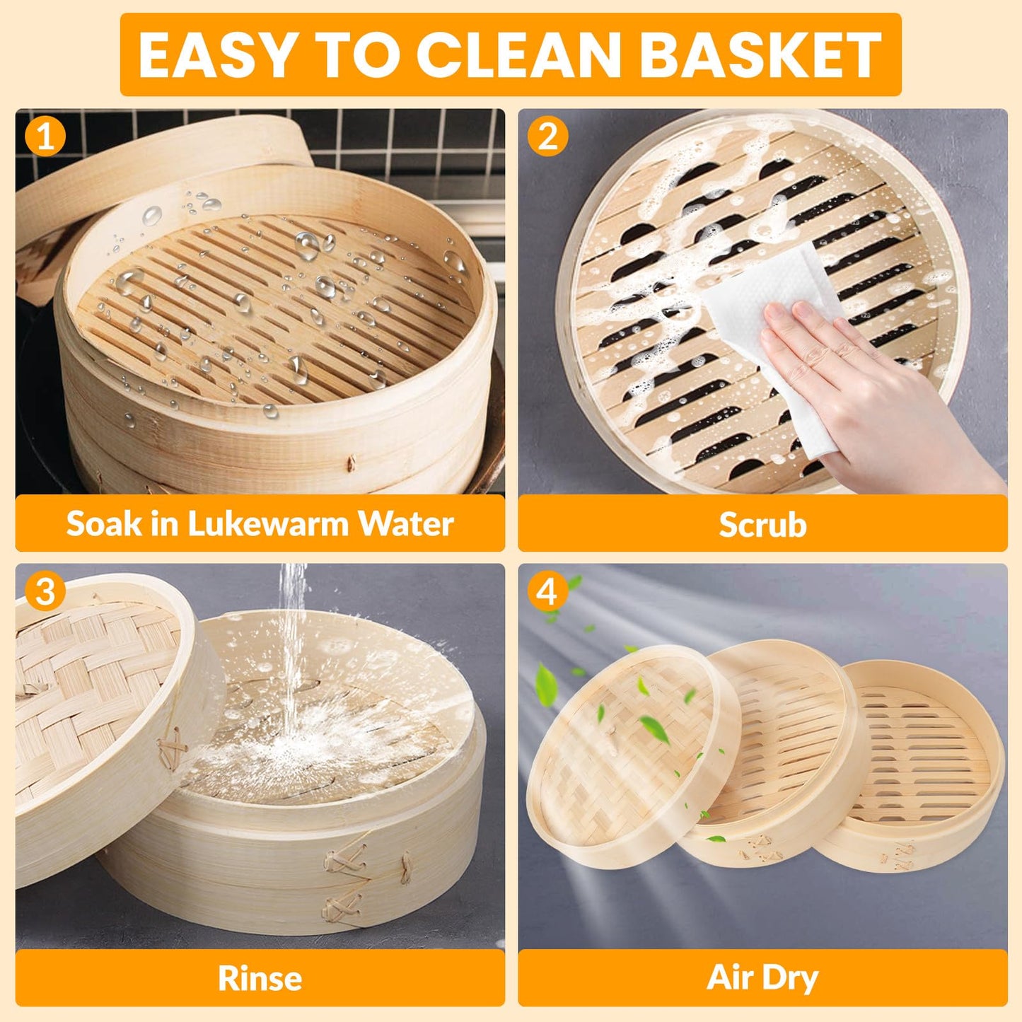 62 PCS 10 Inch 2 Tier Bamboo Steamer, Bamboo Steamer Basket, Dim Sum Basket, with 1Ring Adapter, 2Reusable Silicone Liner, 2 pairs of chopsticks, 2Sauce Dishes, 50Paper Liners, 1Ring