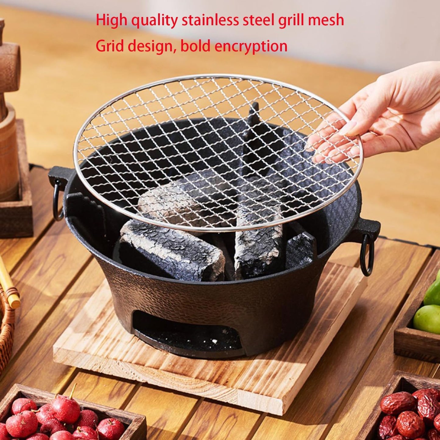Round Seasoned Cast Iron Charcoal Hibachi Grill for Outdoor Barbecue