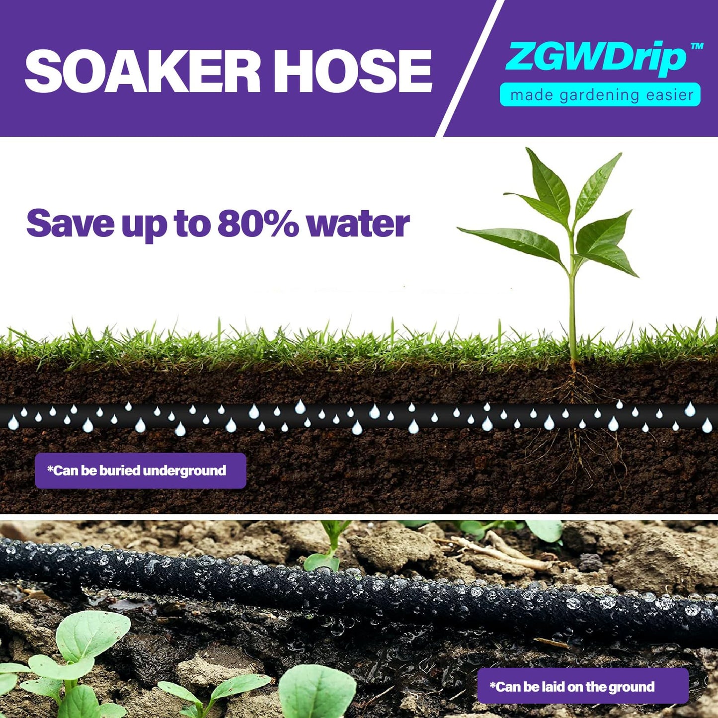 ZGWDrip Soaker Hose,1/2 Inch Soaker Garden Hose with 3/4" Solid Brass Connectors (150 FT)