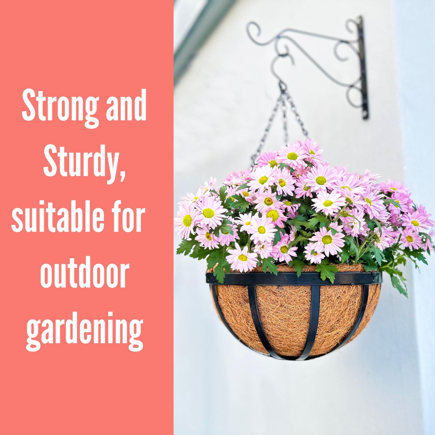 LaLaGreen Outdoor Hanging Baskets for Plants (14 Inch, 4 Pack) Large Hanging Planter with Coco Liner, Round Plant Flat Iron Metal Flower Pots for Deck Patio Porch Garden Balcony Outside Decoration