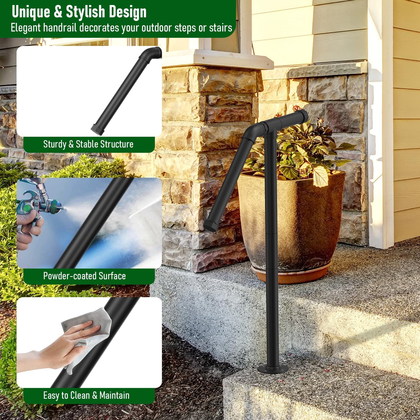 smusei Single Post Outdoor Step Handrail, Black Wrought Iron, Powder Coated, Modern Style, 105cm/47in or 85cm/33in Height, Fits 1-2 Steps, Easy to Install & Clean