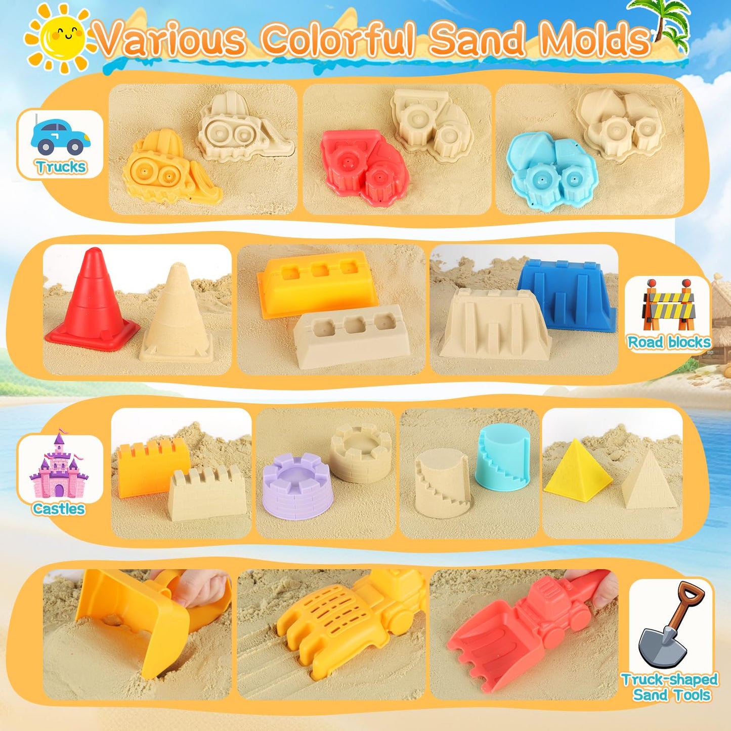 Elovien Beach Sand Toys, Large Dump Truck with Bucket, Sandbox Toy Construction Building Kit with Mesh Bag, Sand Molds, Shovels, Rakes, Summer Outdoor Travel Toys for Kids Toddlers Boys Girls