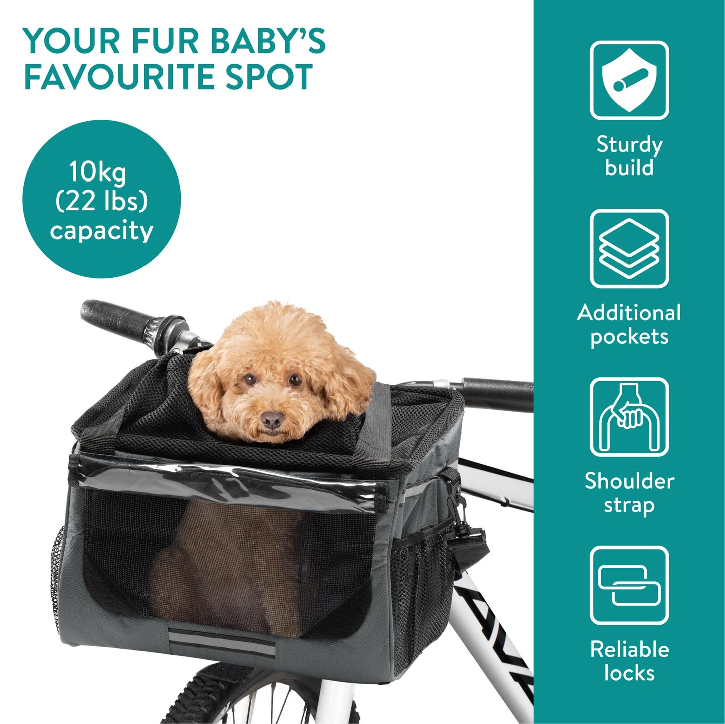 Navaris Pet Carrier for Bikes - Bike Basket Dog Carrier - Ideal Carriers for Small to Medium Dogs Up to 10kg (22lbs) - Drawstring Bag with Secure Locks and Strap - Grey