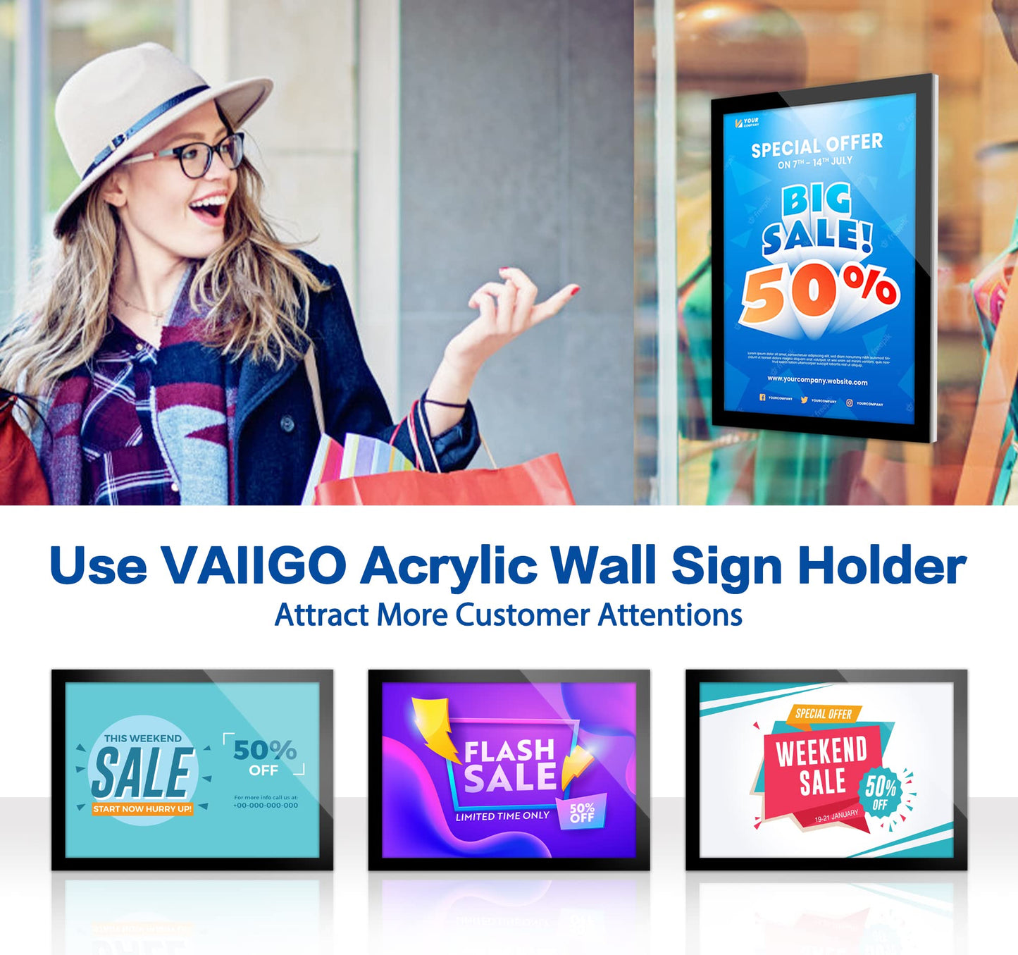 VAIIGO Acrylic Sign Holder 8.5" x 11", 10 Pack Magnetic Wall Mount Sign Holder with Tape Adhesive and Strong Magnetic Border, Acrylic Picture Display Frames for Wall, Door, Glass, Home, Store, Office