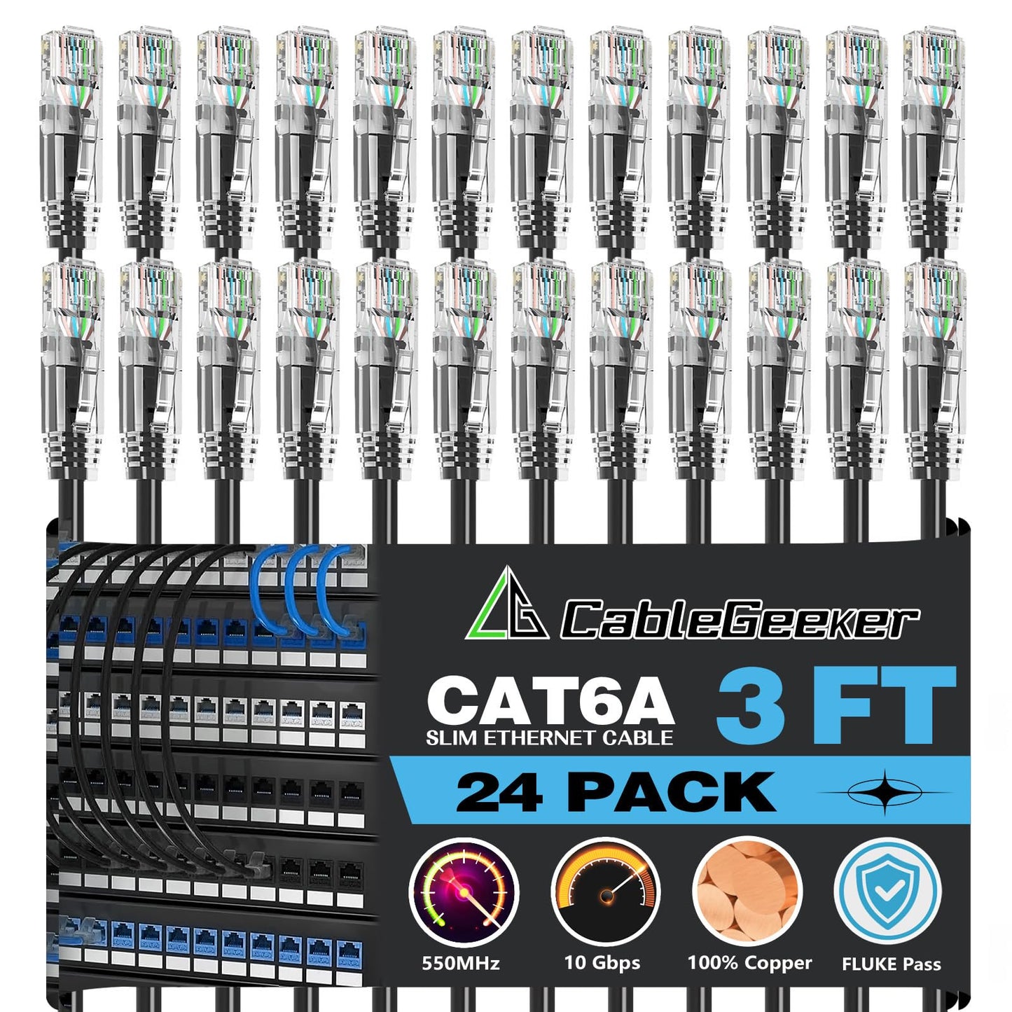 CableGeeker Cat6A Ethernet Patch Cable 3ft-24Pack Black, High-Speed 10Gpbs, 550MHz Slim Patch Cables, 28AWG Flexiable Network Cord with Gold Plated, Snagless Internet Cord for Patch Panel