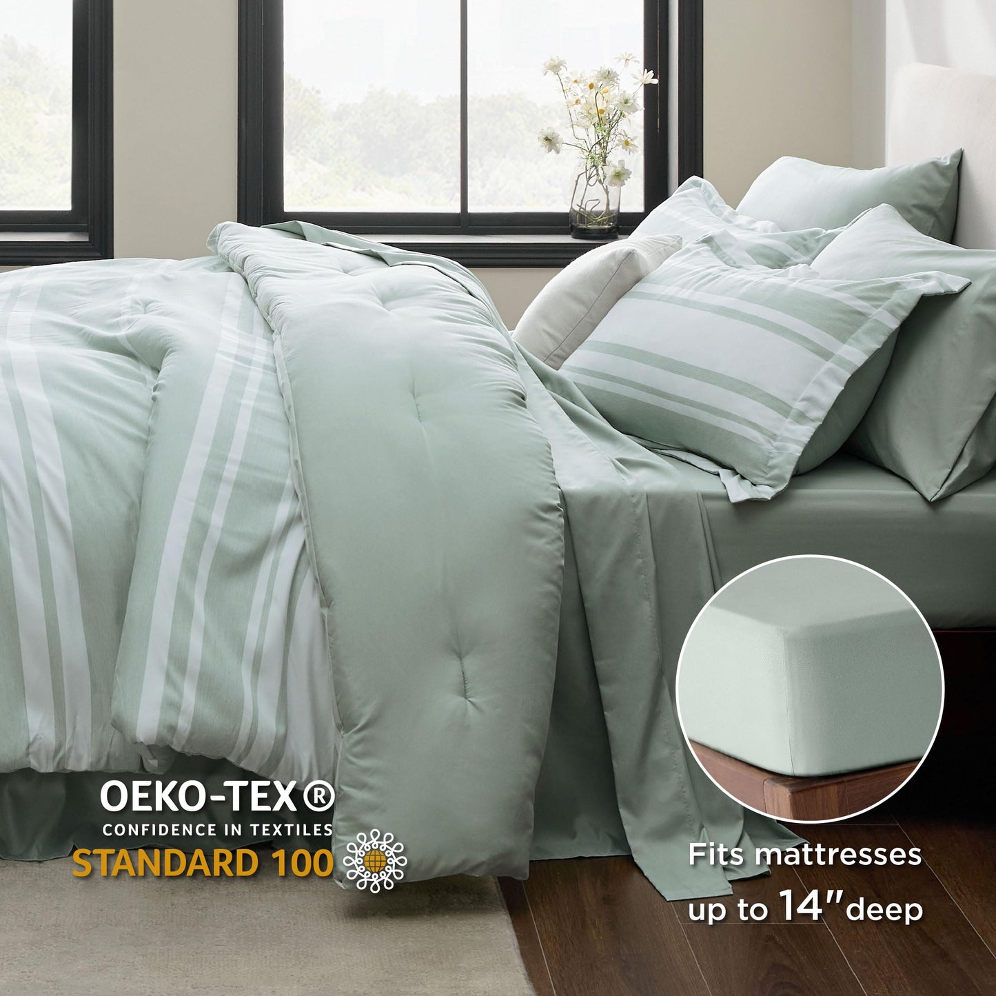 Bedsure Bed in a Bag Full Size 7 Pieces, Sage Green White Striped Bedding Comforter Sets All Season Bed Set, 2 Pillow Shams, Flat Sheet, Fitted Sheet and 2 Pillowcases