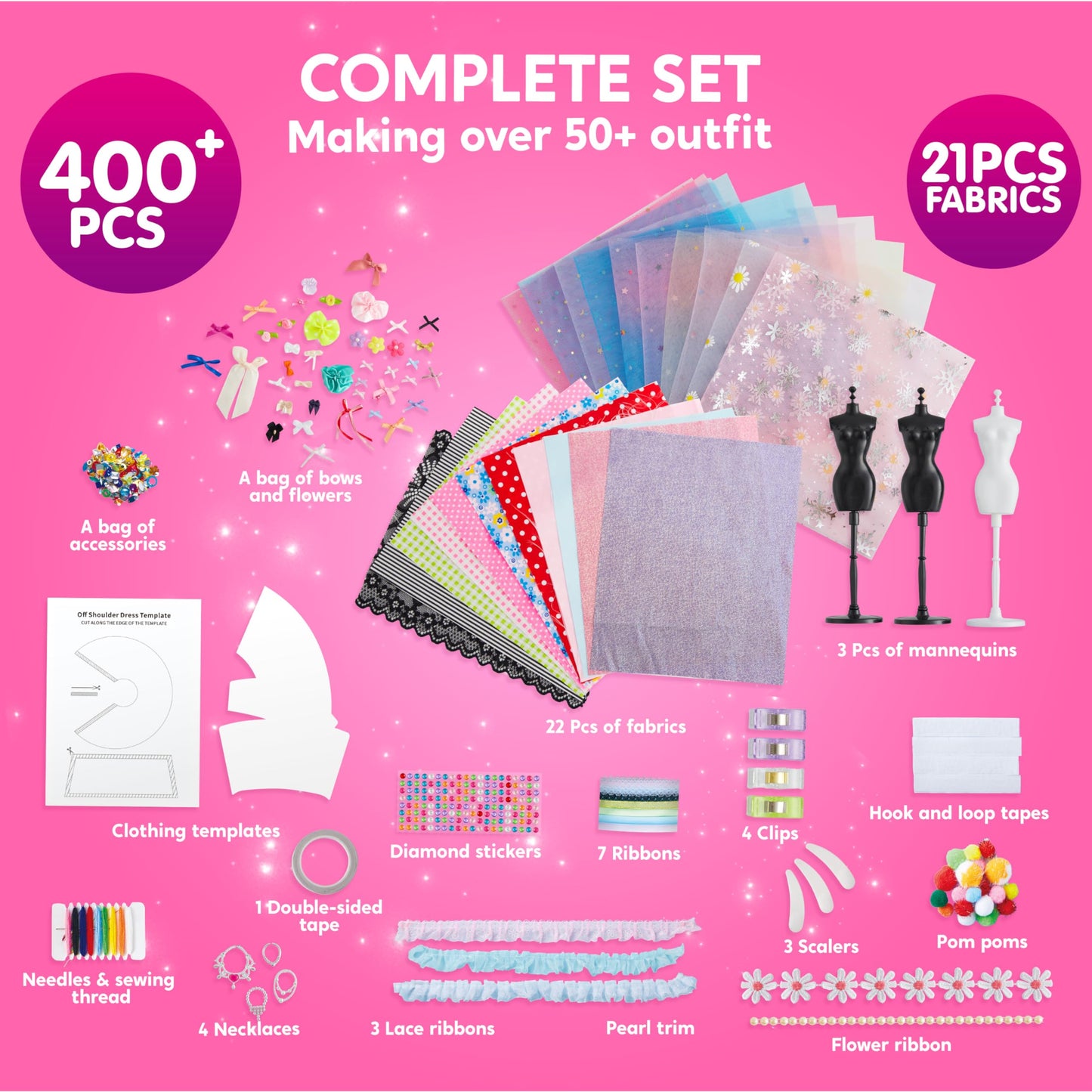 Klever Kits 400+PCS Fashion Design Crafts for Kids Art and Crafts Toy DIY Sewing Crafts with 3 Mannequins for Girls Aged 8-12，Christmas Toys Gifts for Kids