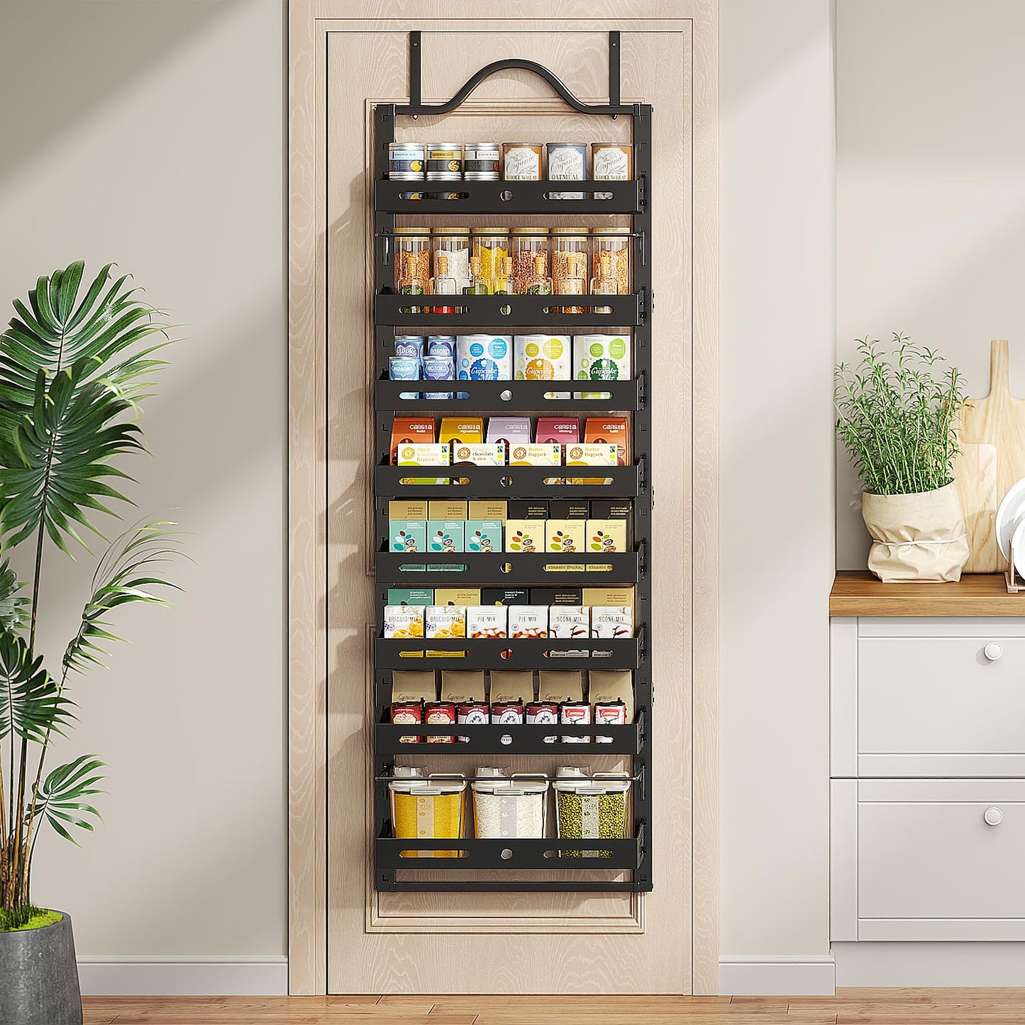 8-Tier Over The Door Pantry Organizer Pantry Organization and Storage with Adjustable Basket, Door Spice Rack for Kitchen, Bathroom (Black, 8-Tier (17.1"W x 5.7"D x 72.6"H))